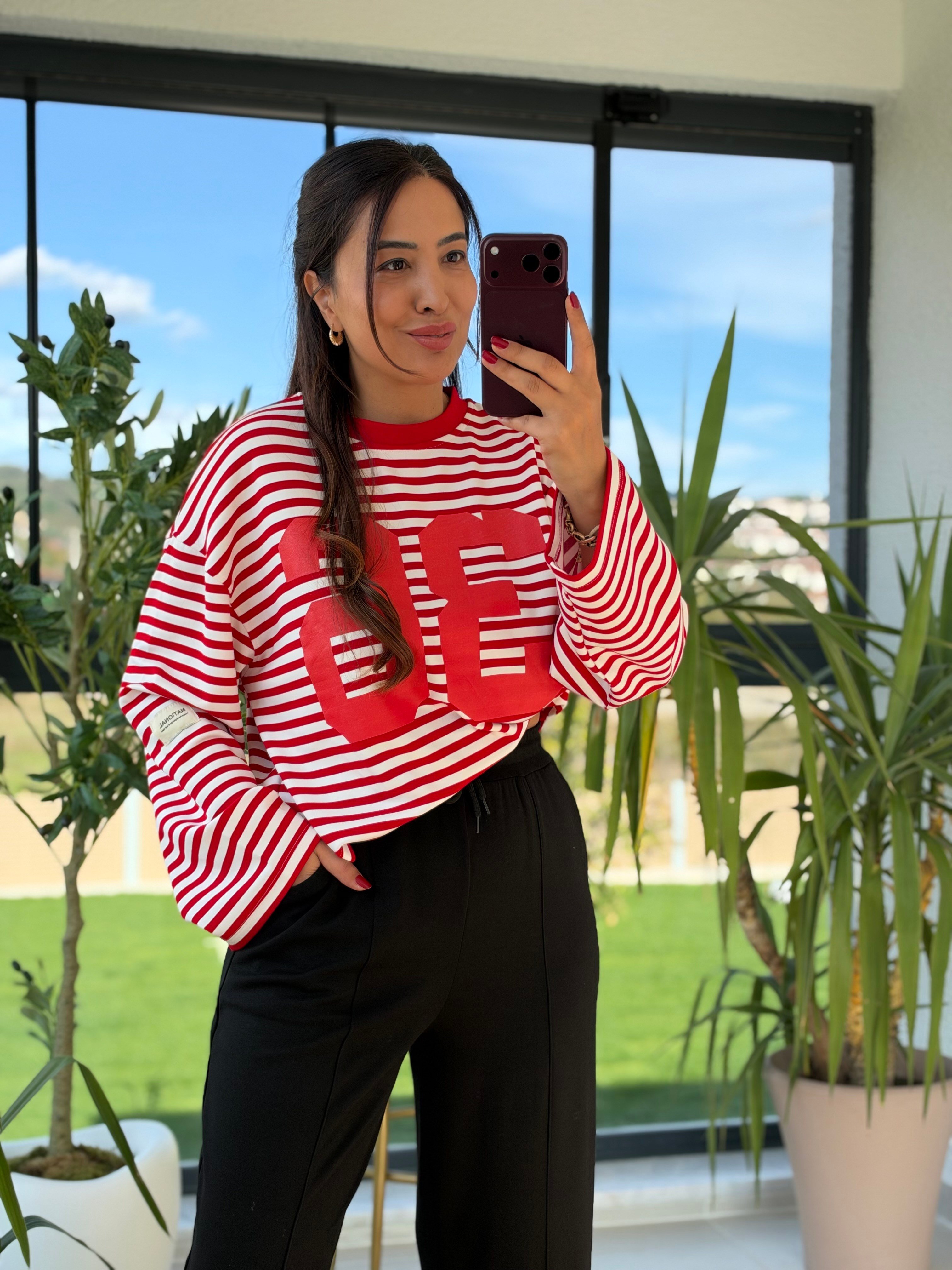 36 Baskılı Çizgili Basic Sweatshirt Kırmızı