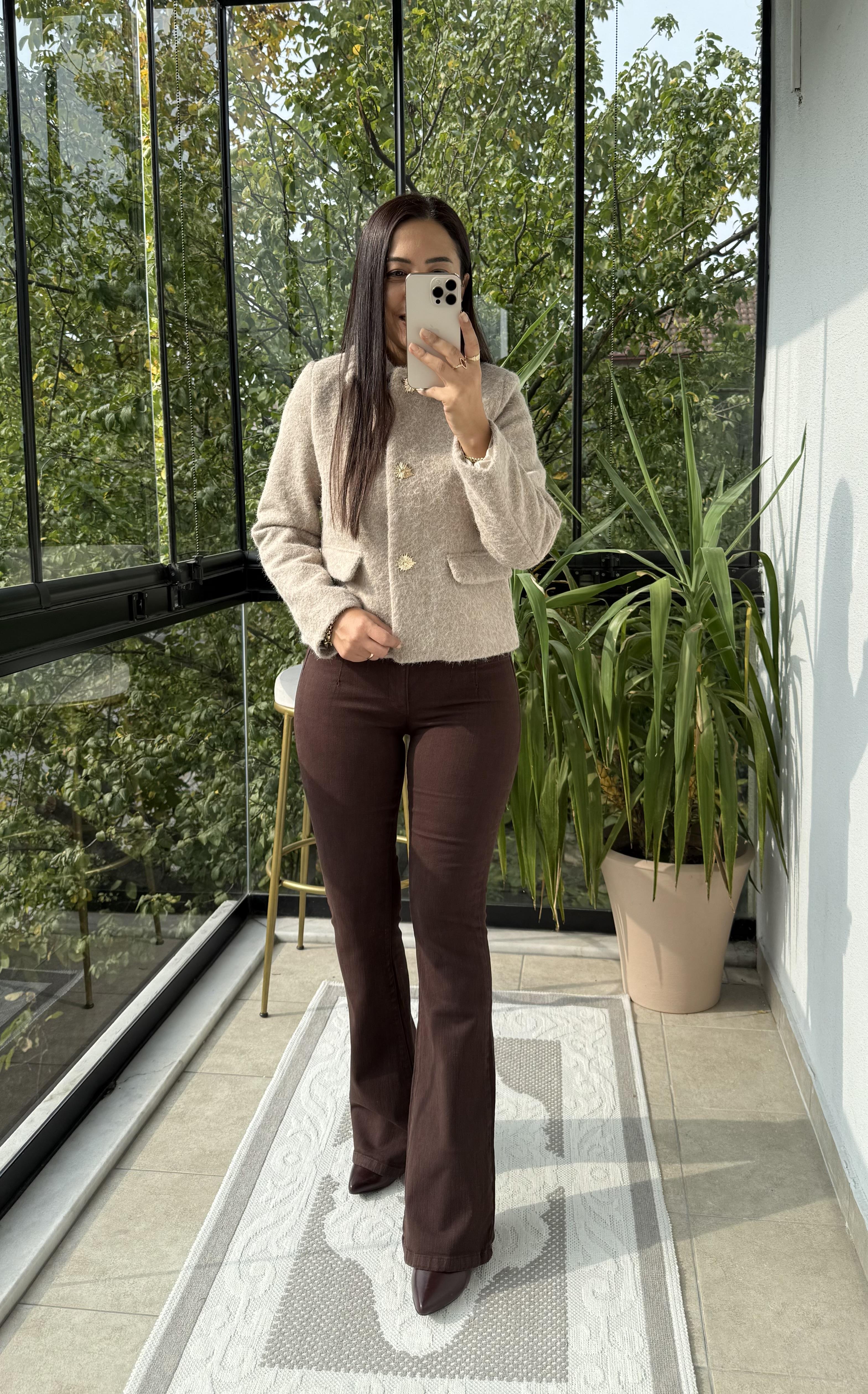 Kısa Gold Düğme Yün Ceket Bej