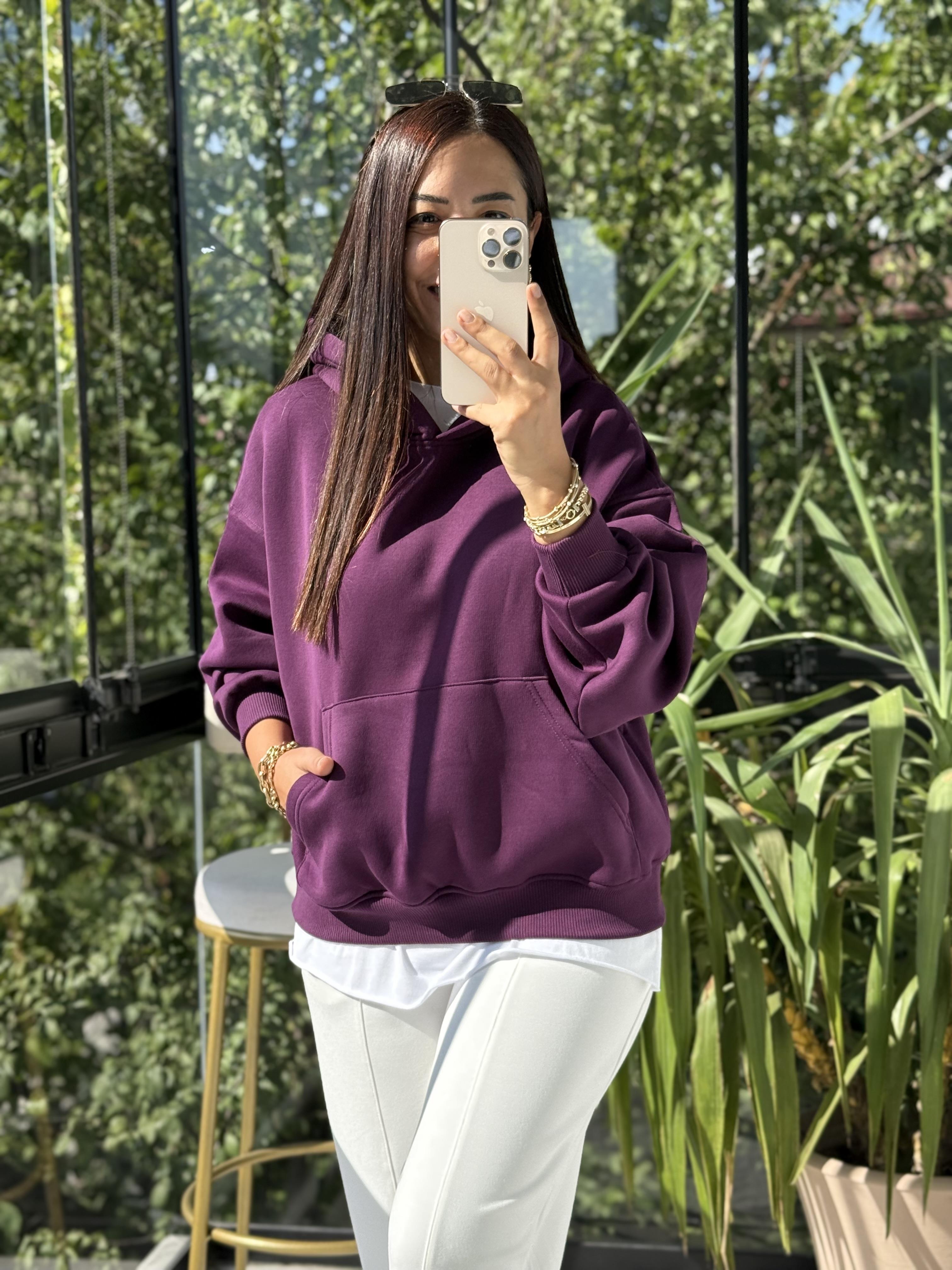 Kanguru Cep Kapşonlu Sweatshirt Mürdüm