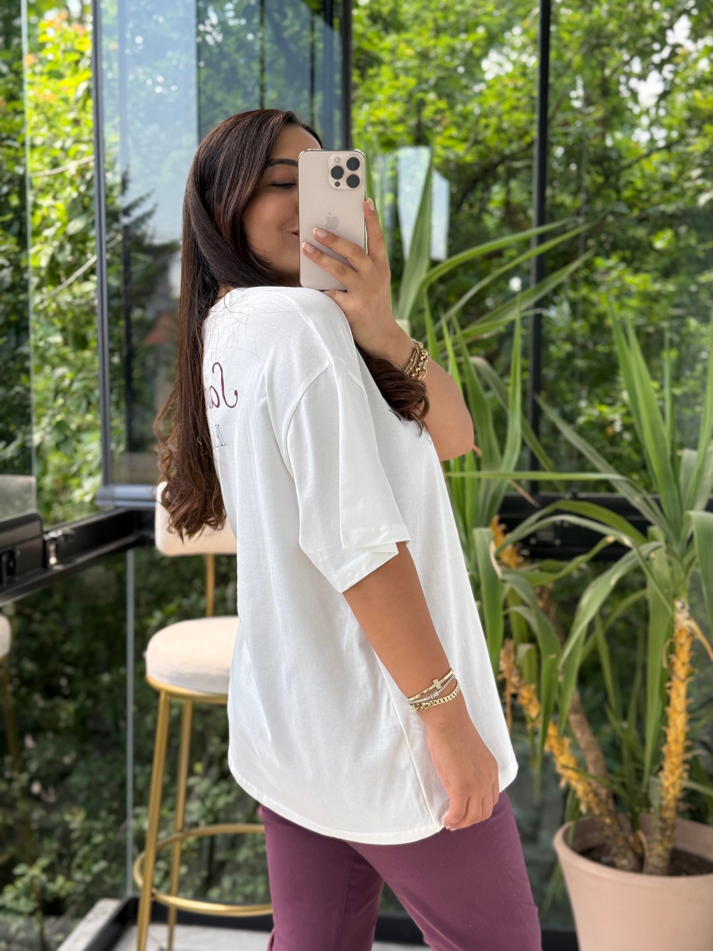 Arkası Panter Baskılı Tişört Ekru