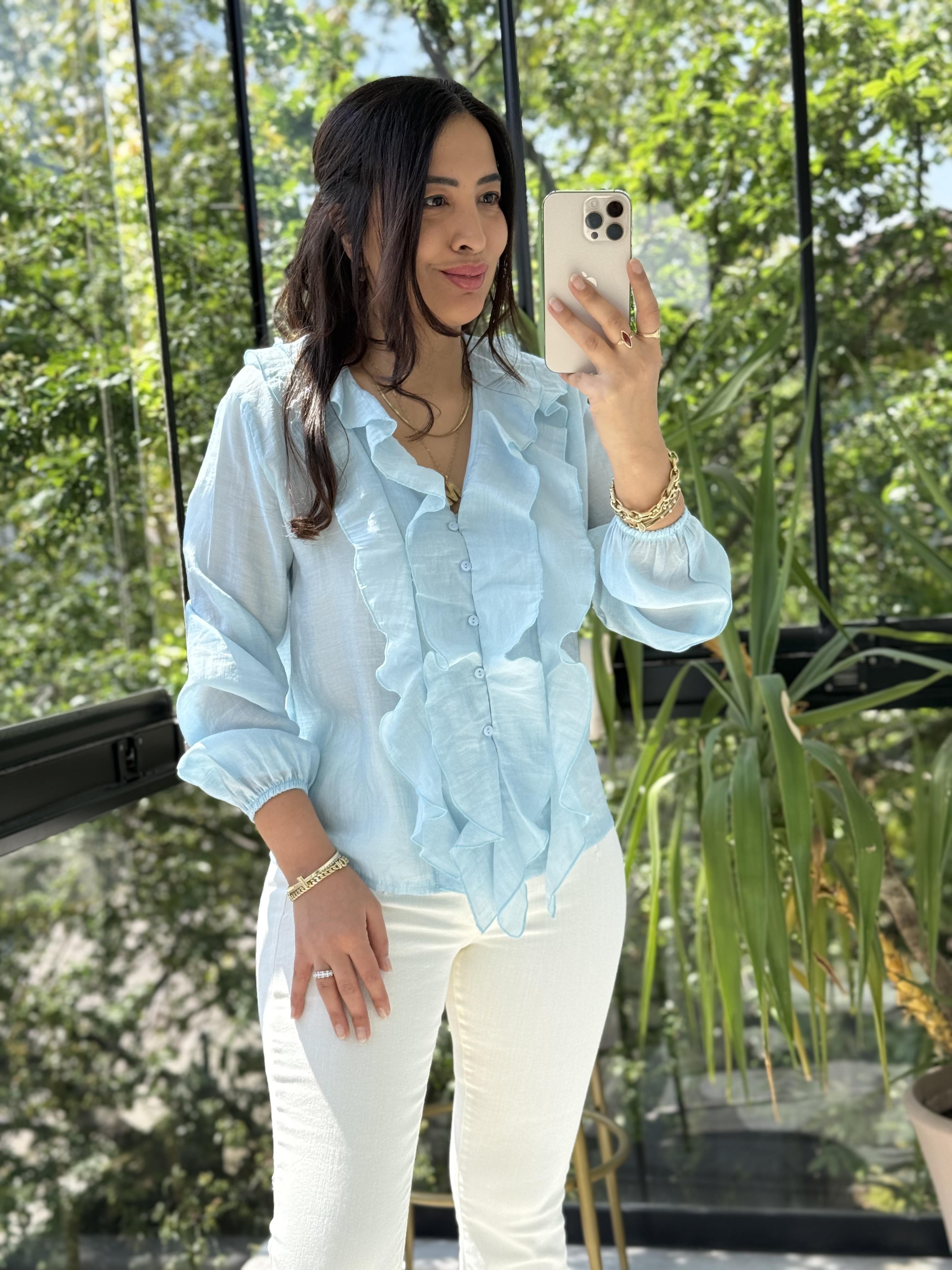 V Yaka Önü Fırfırlı Bluz Bebe Mavi