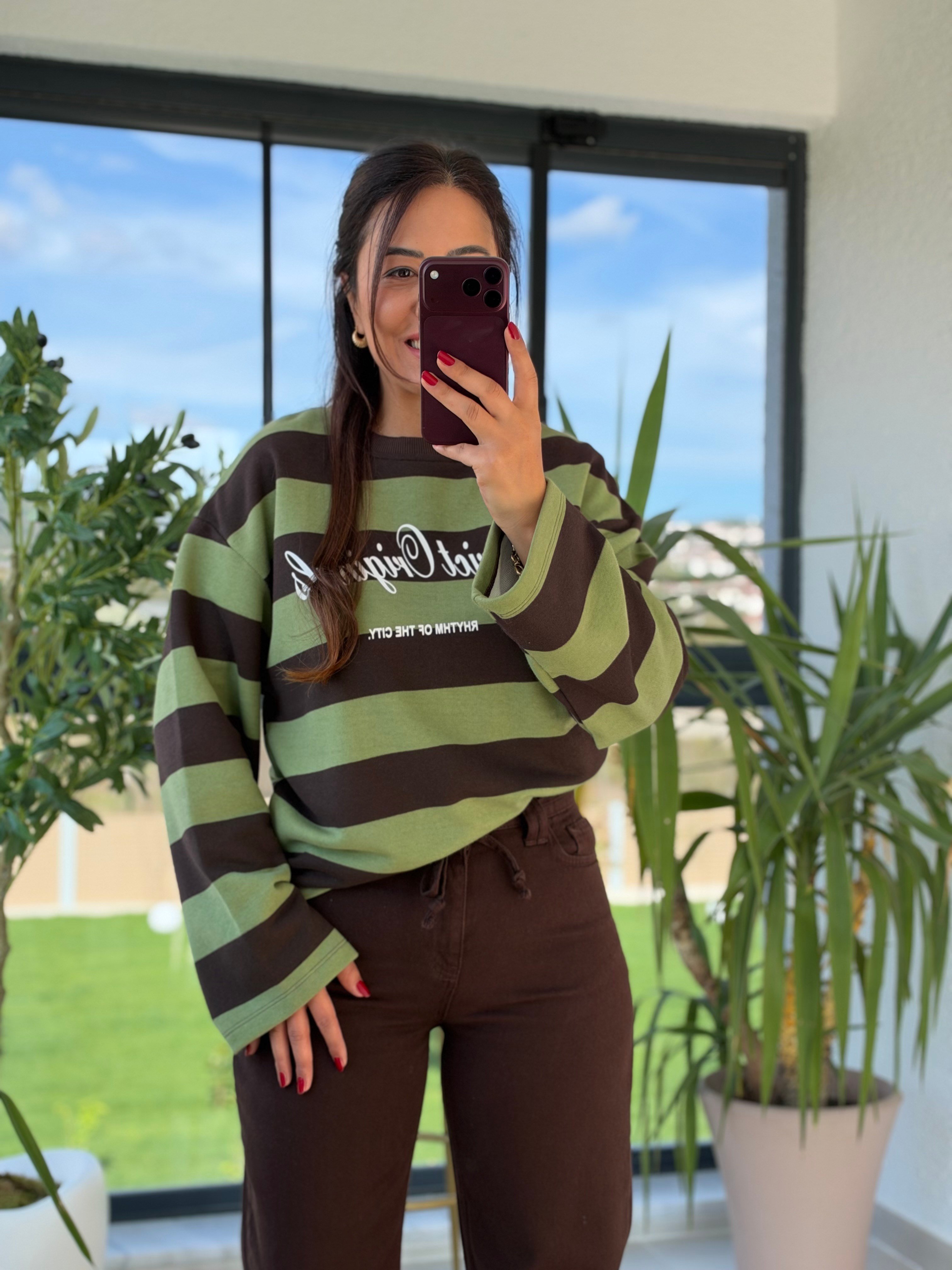 District Yazılı Çizgili Sweatshirtt Yeşil