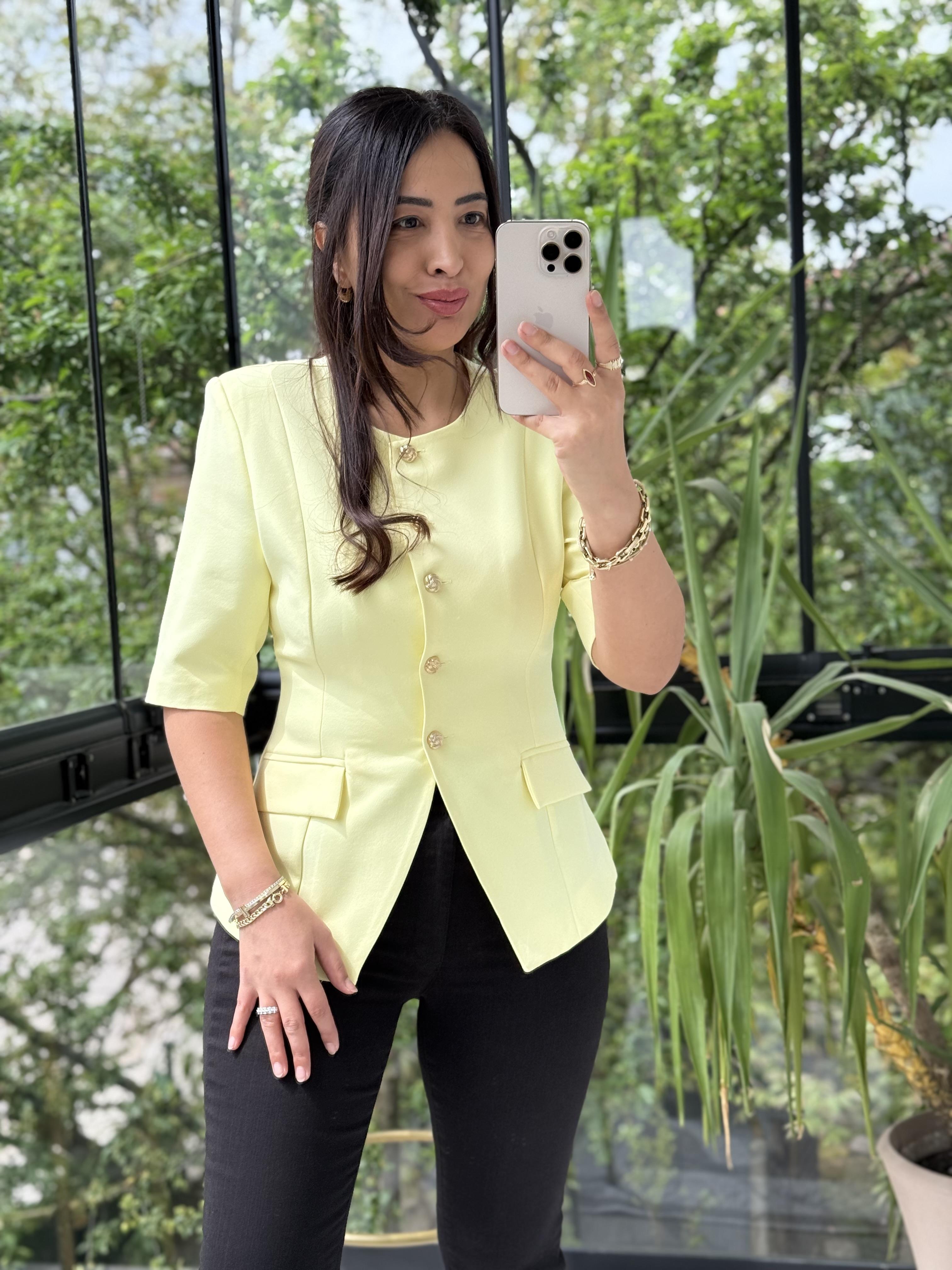 Slimfit Mini Gold Düğme Kısa Kol Blazer Sarı
