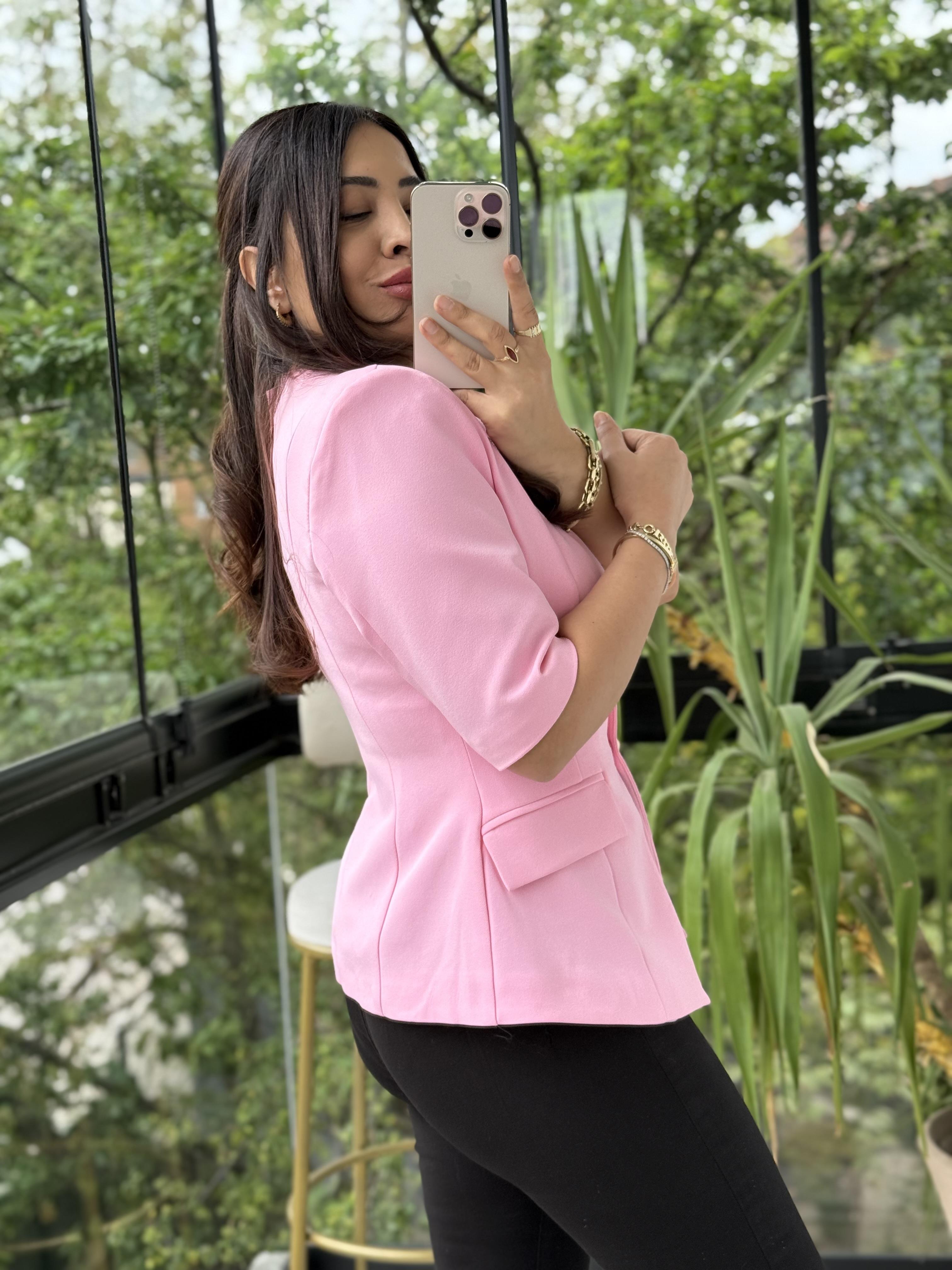 Slimfit Mini Gold Düğme Kısa Kol Blazer Pembe