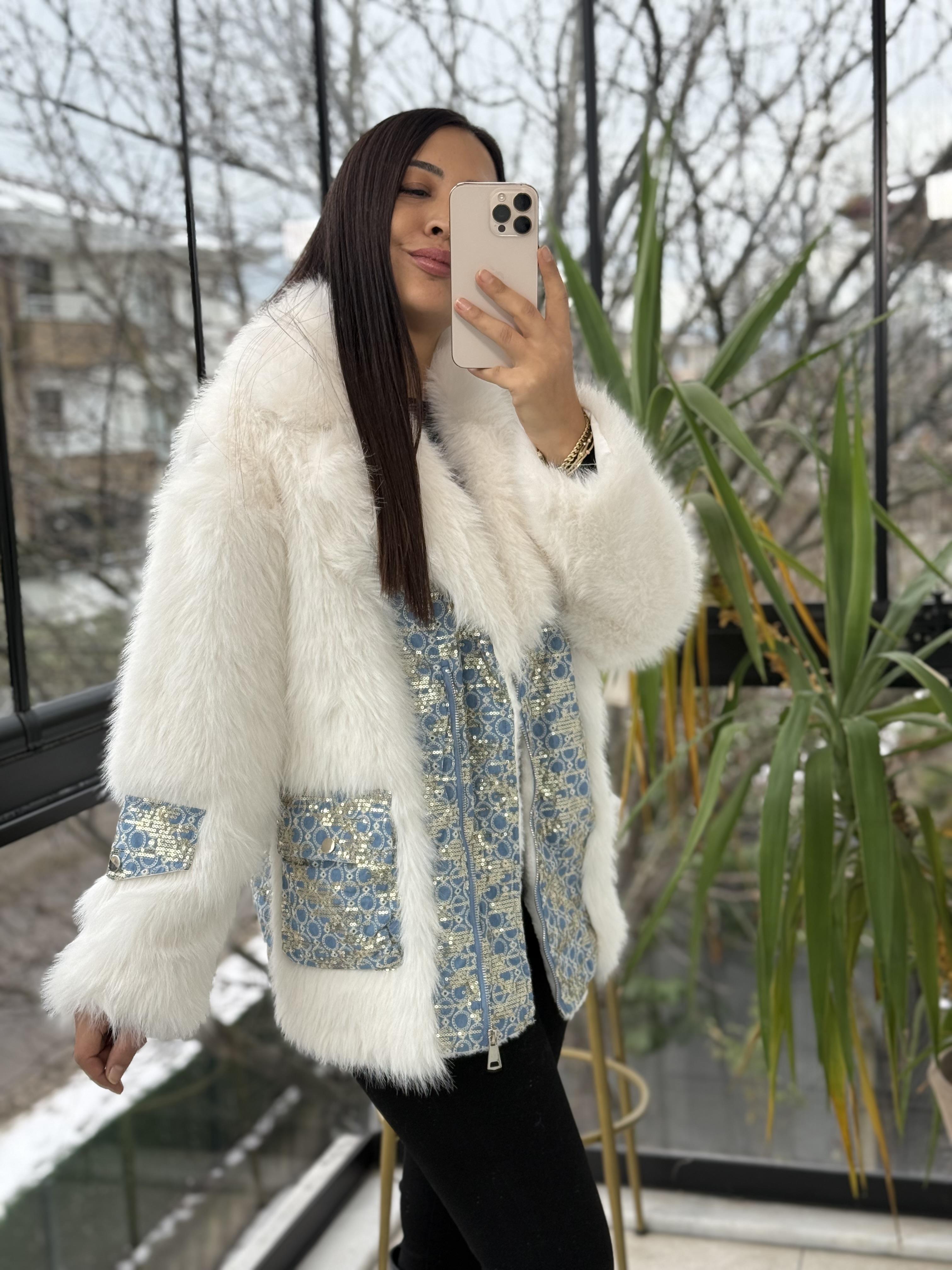 İthal Kruvaze Fermuarlı Payetli Kürk Beyaz