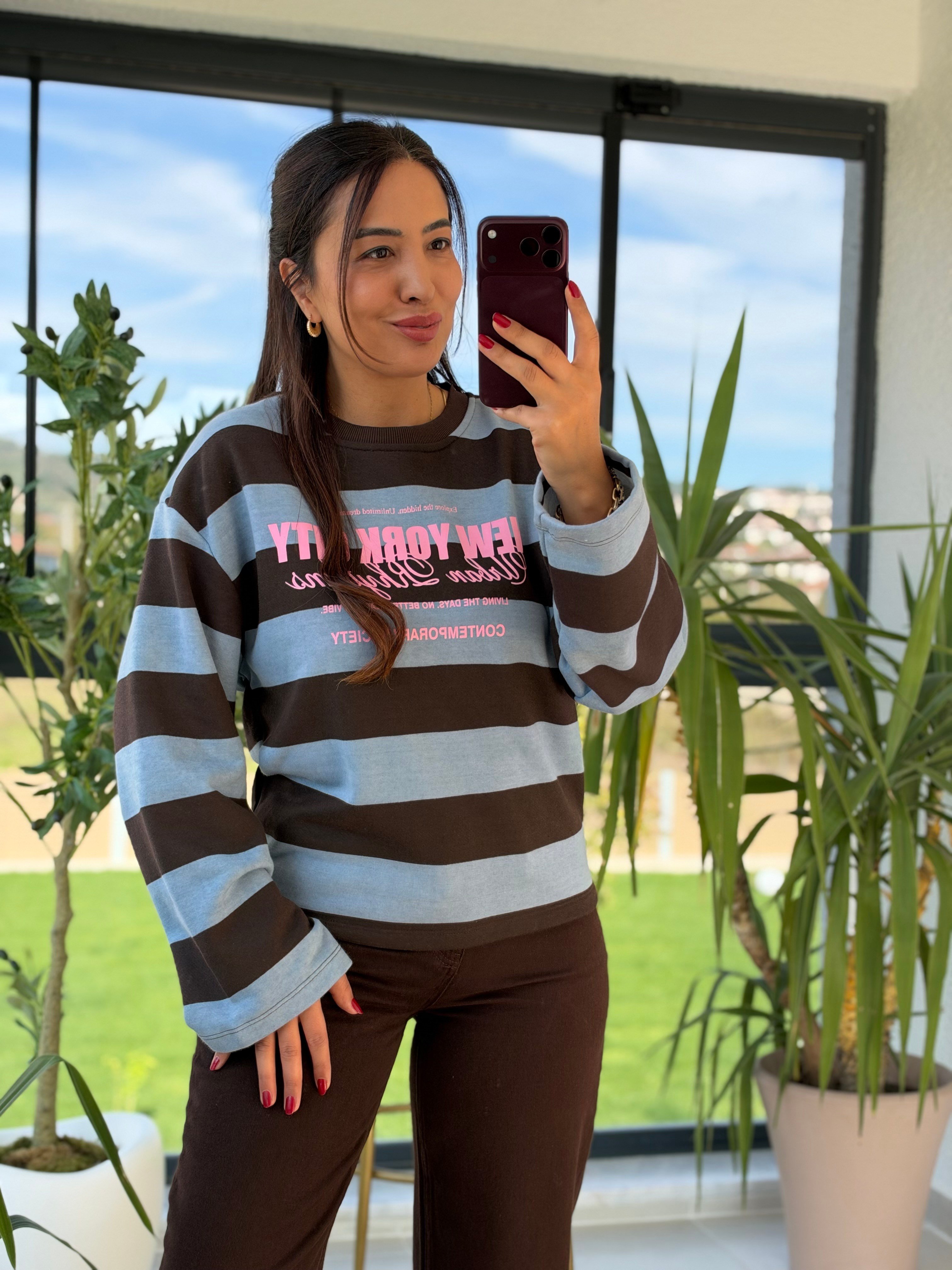 Kalın Çizgili New York Ctiy Sweatshirt Bebe Mavi