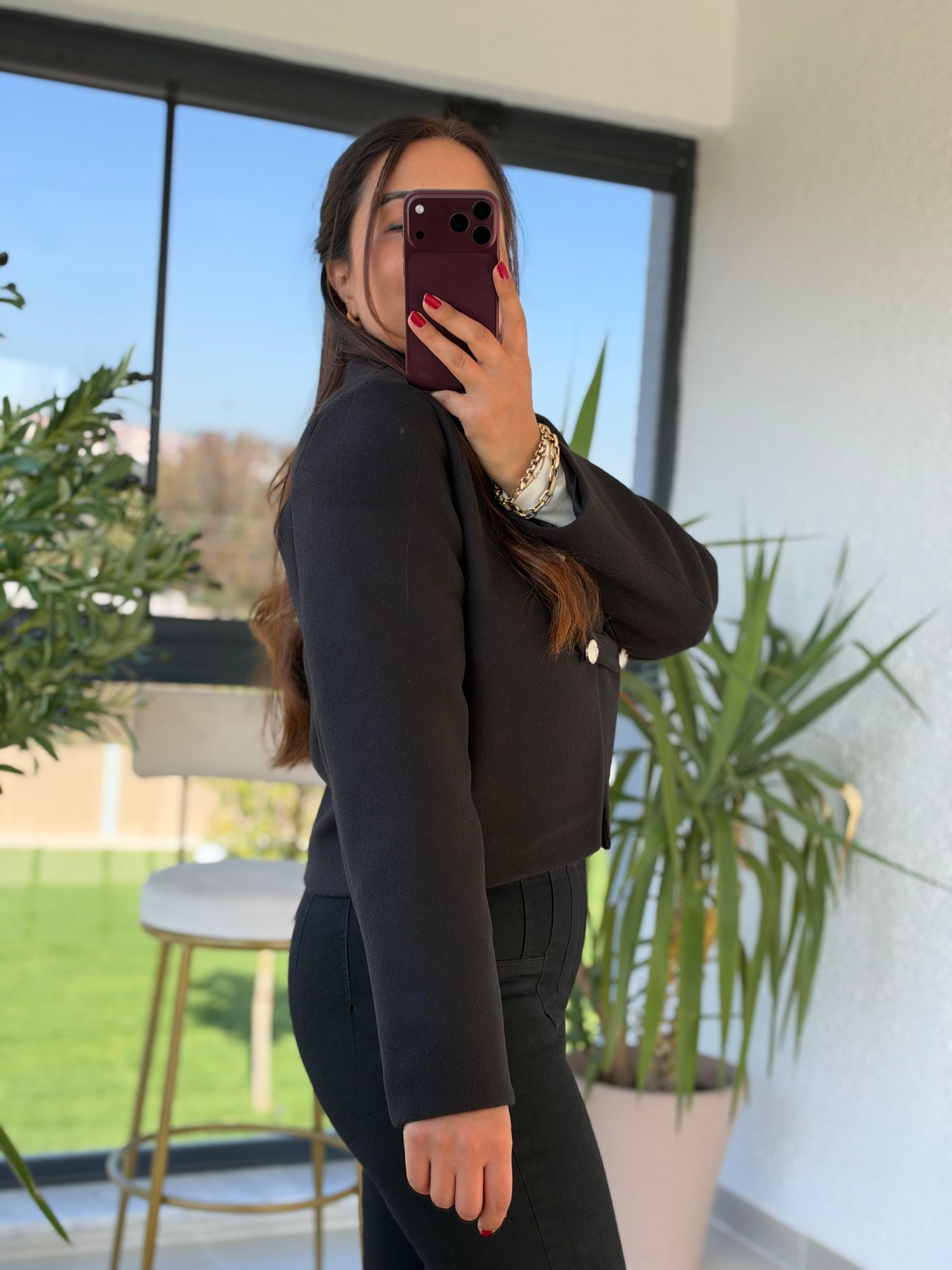 Çapraz Yaka Kaşe Ceket Siyah