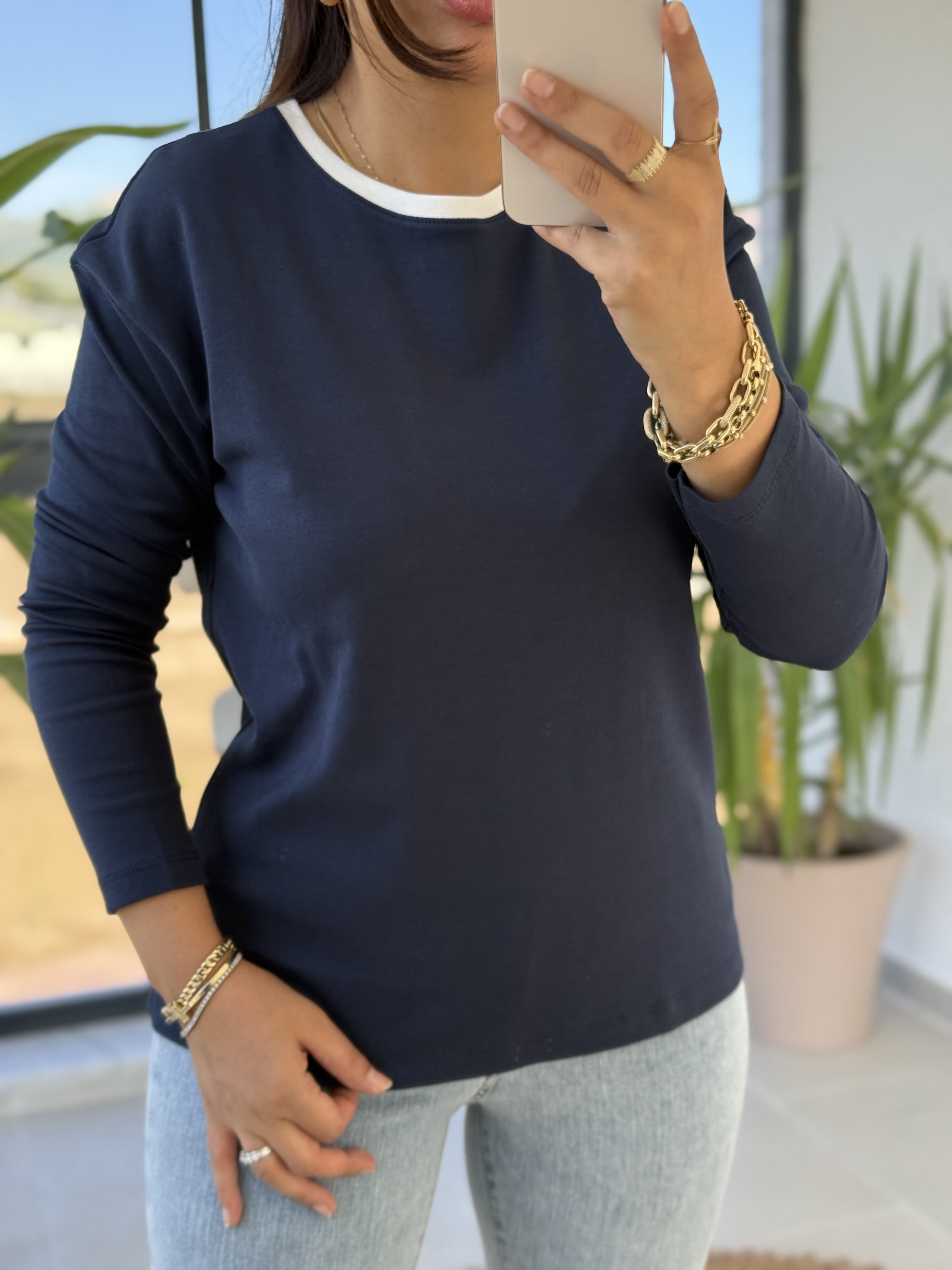 Yakası Biyeli Sweat Bluz Lacivert