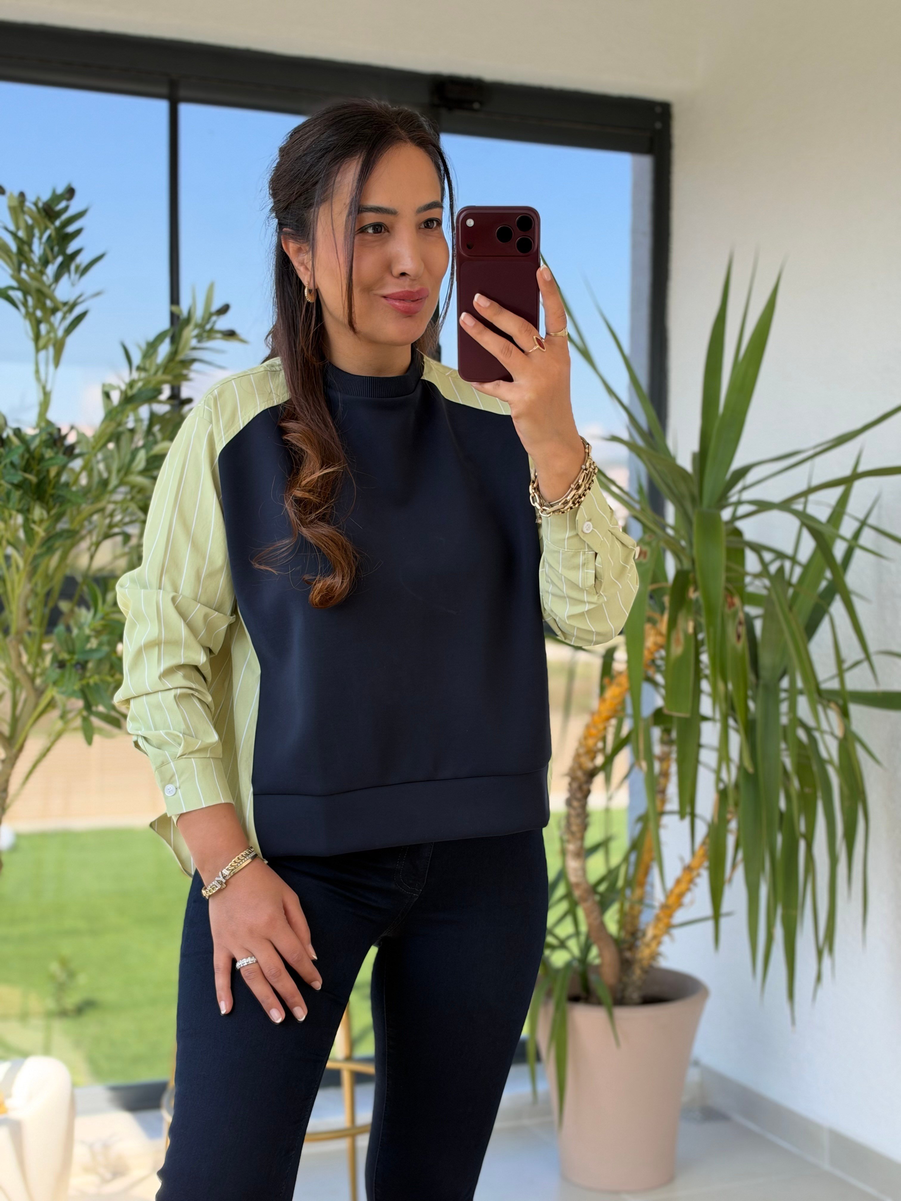 Kolu Ve Arkası Çizgili Poplin Modal Sweatshirt Yeşil