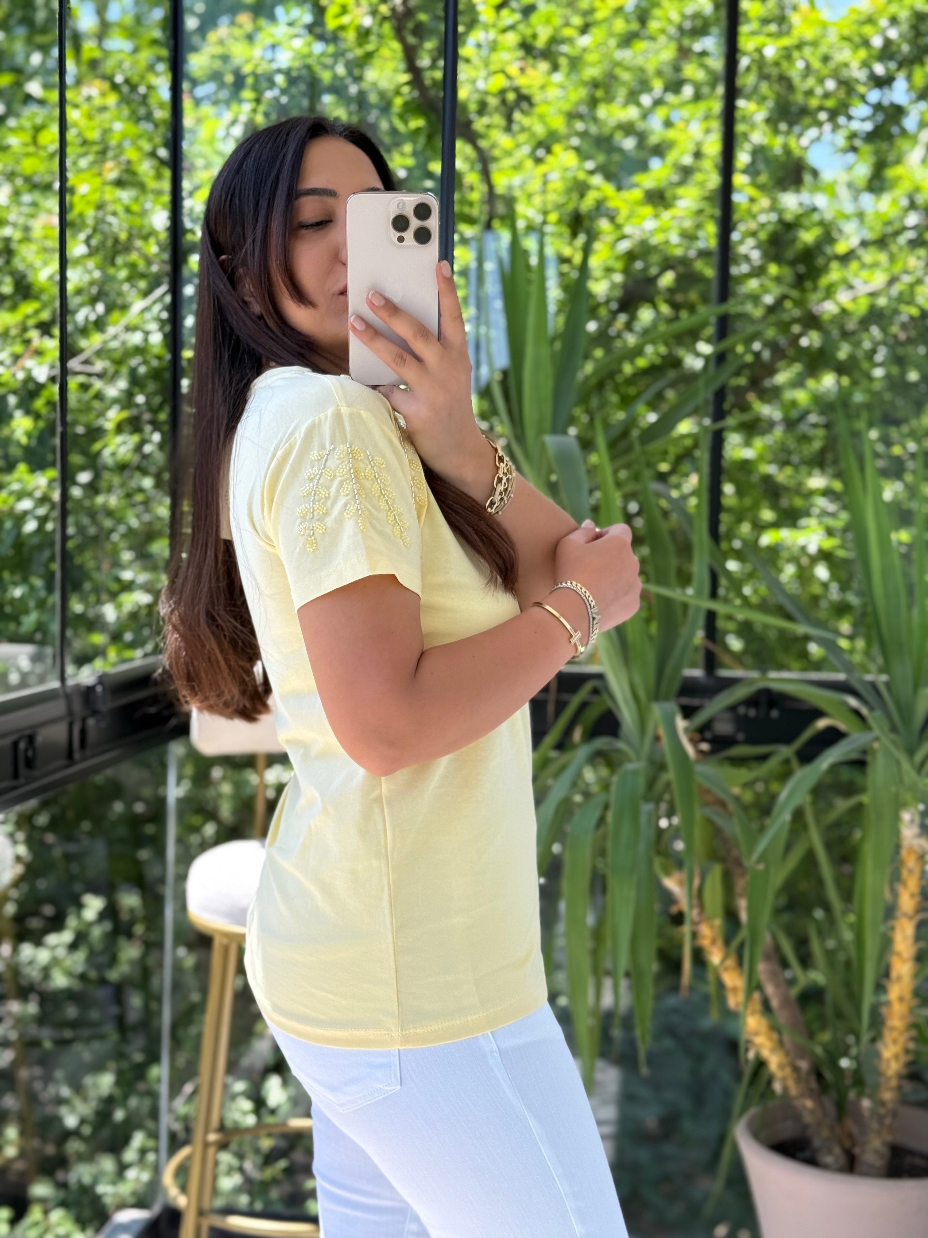 Flora Boncuk Detaylı Tişört Sarı
