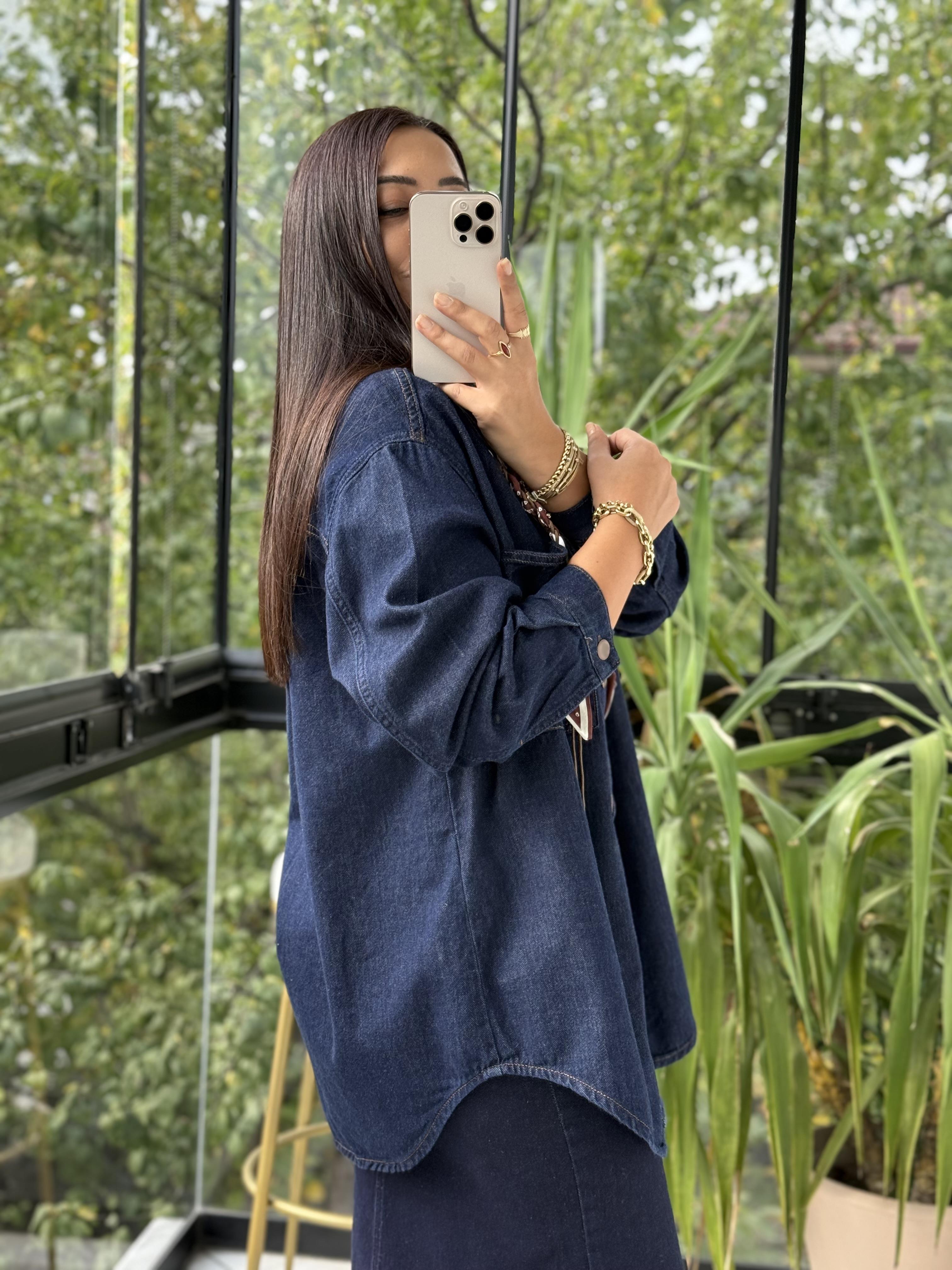 Düğmeli Oversize Gömlek Slaplı Lacivert