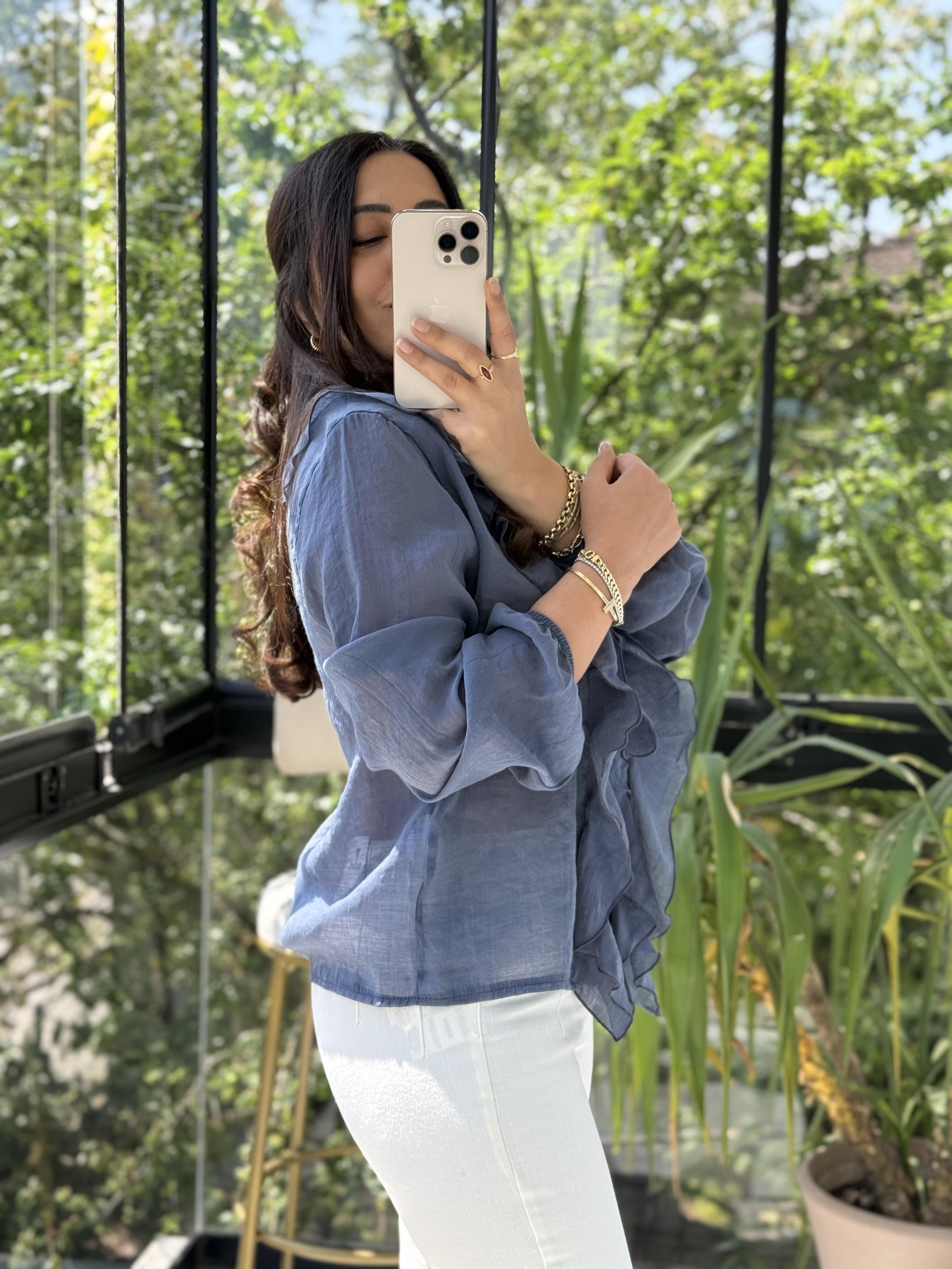 V Yaka Önü Fırfırlı Bluz İndigo Mavi
