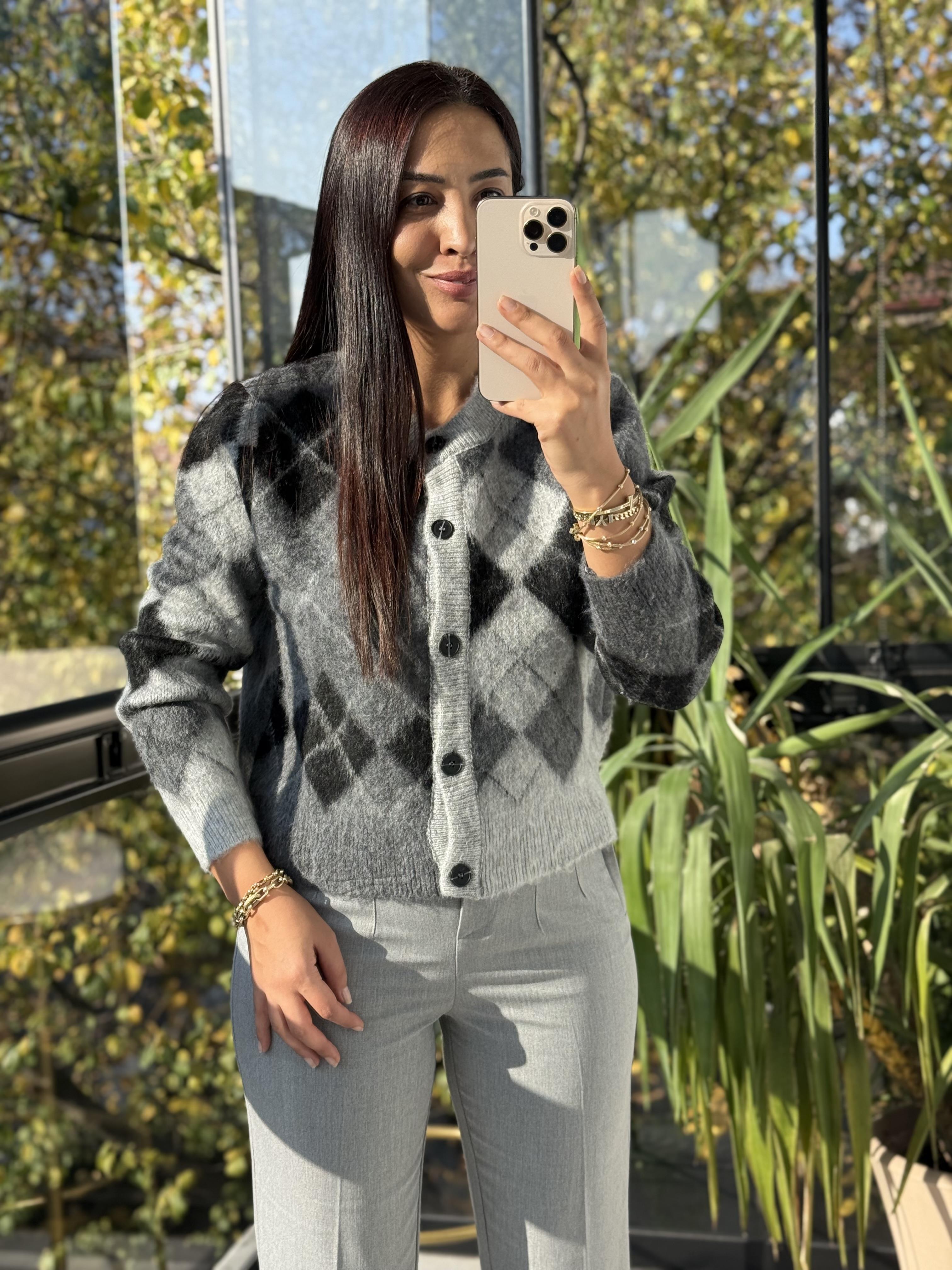 Kısa Baklava Desenli Hırka Antrasit