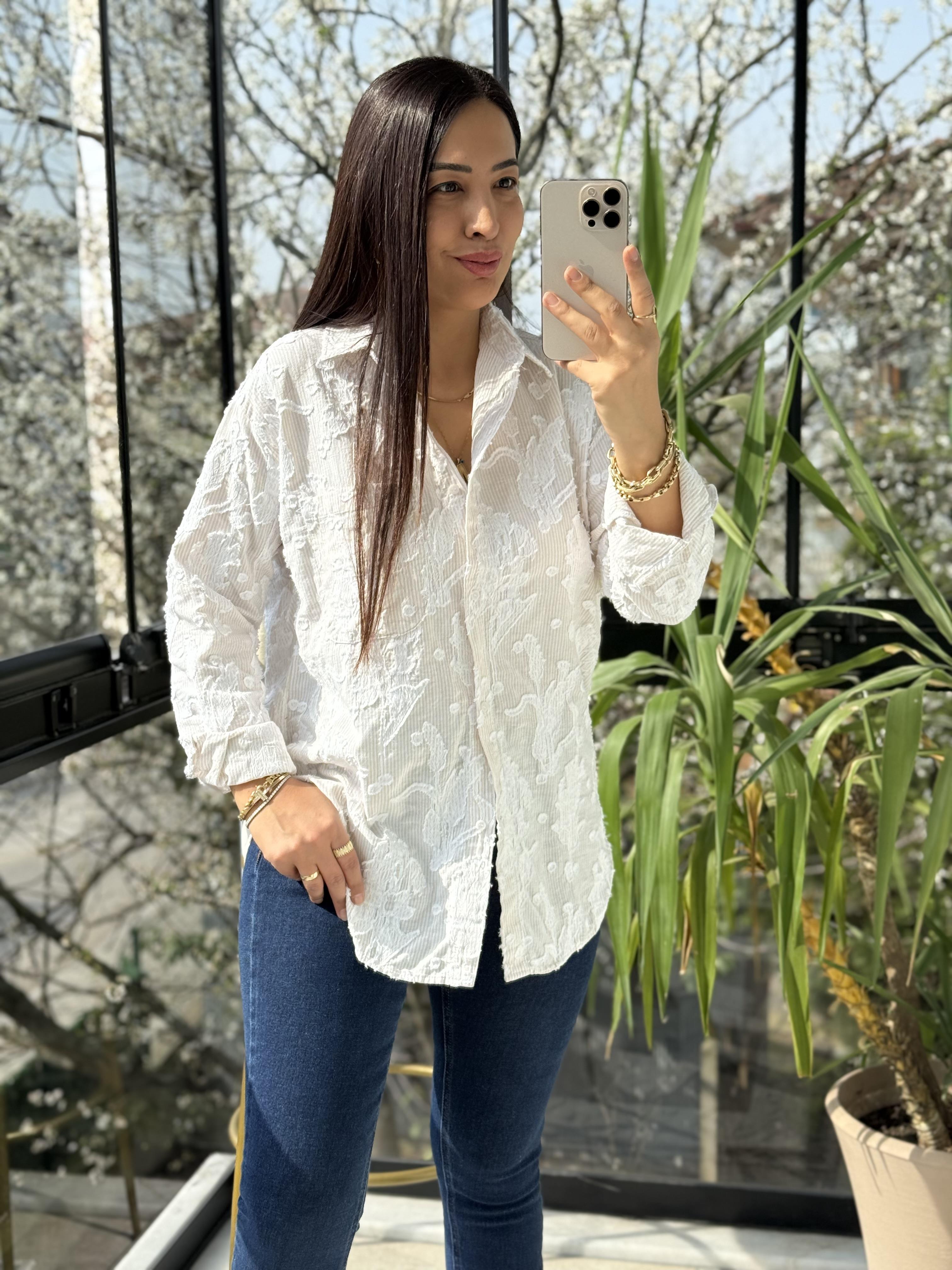 Kabartmalı Çizgili Pamuklu Gömlek Bej