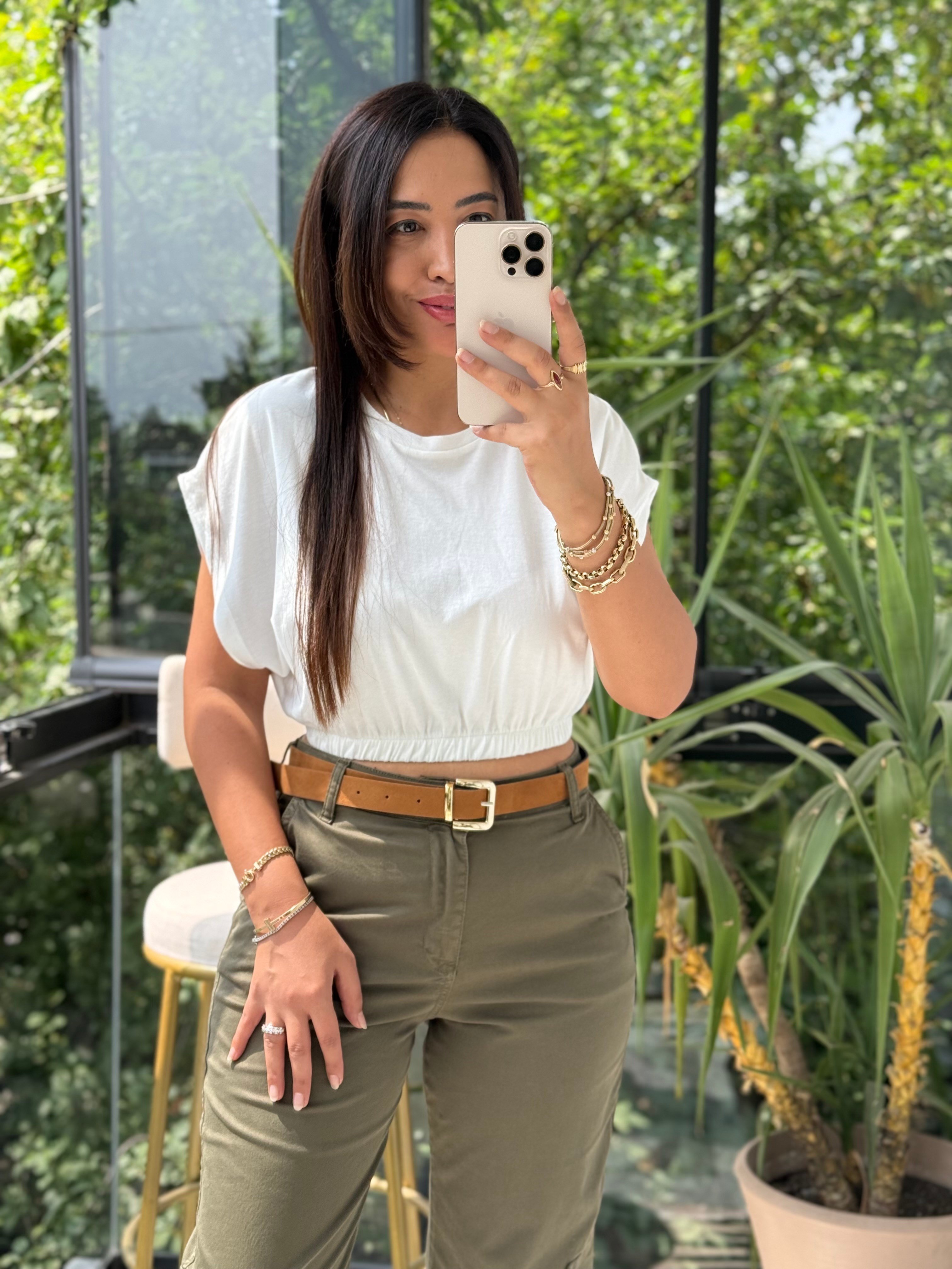 Beli Lastikli Crop Tişört Ekru