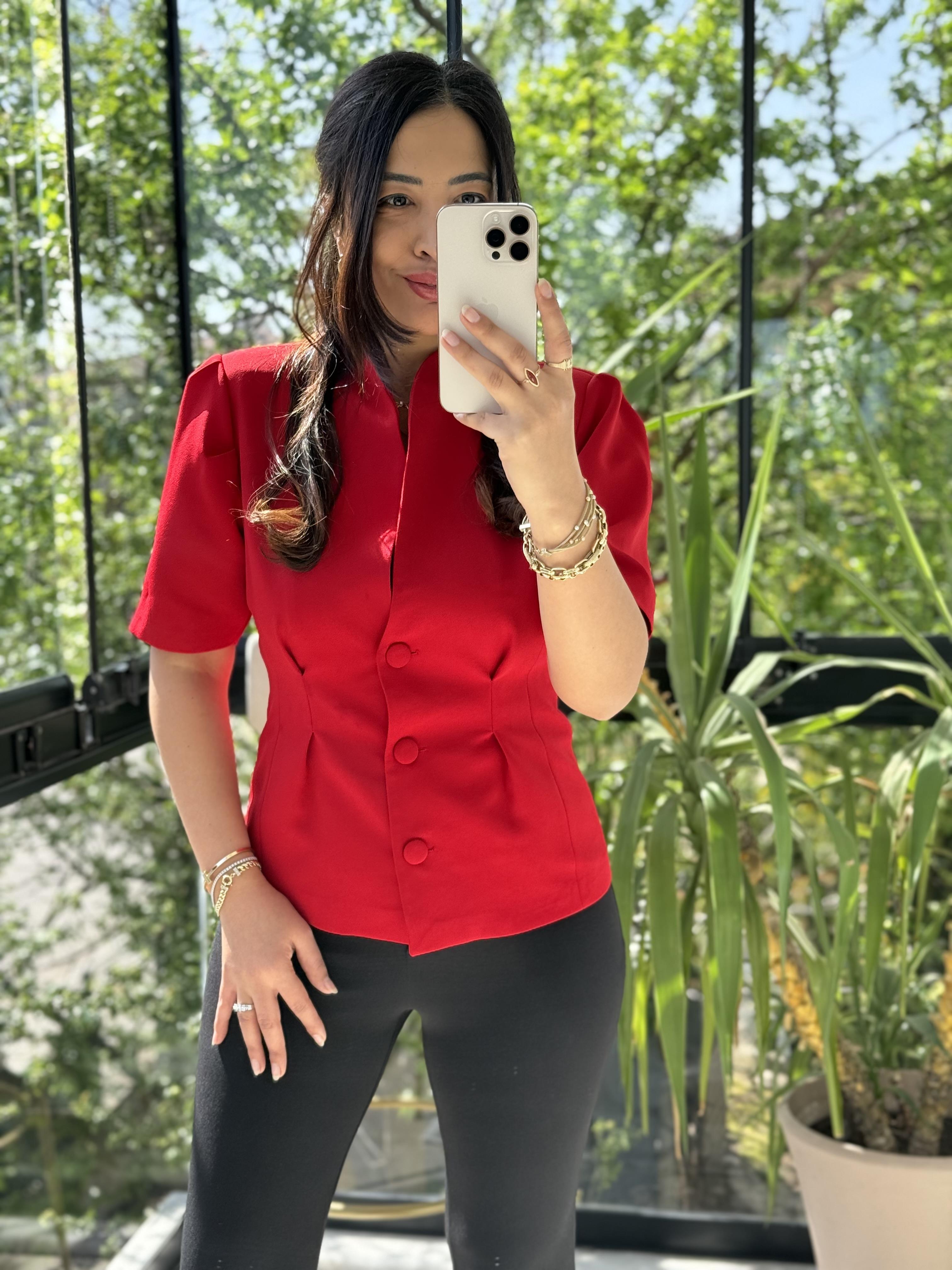 Pileli 3 Düğme Kısa Kol Ceket Kırmızı