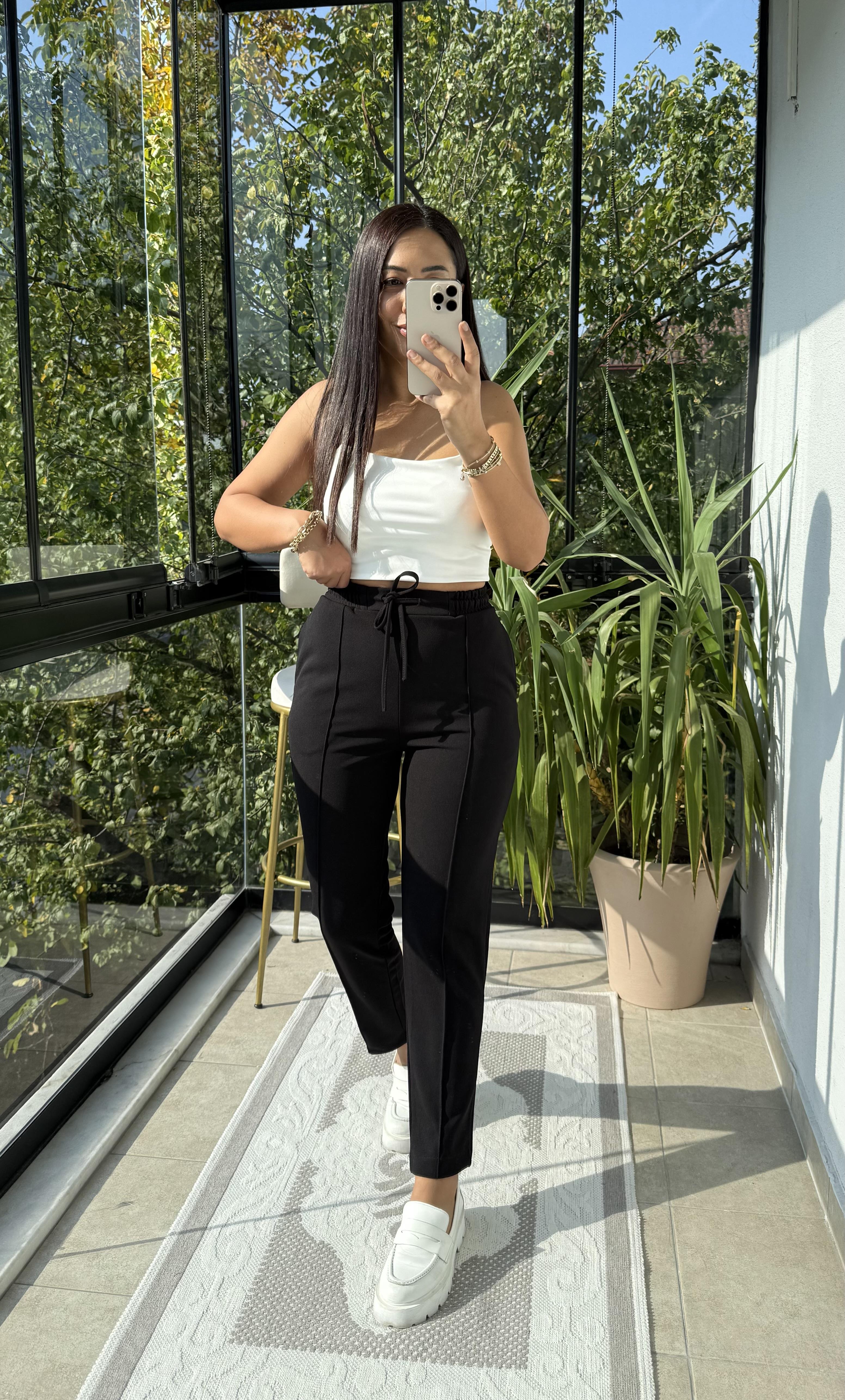 Beli Lastikli Çimalı Havuç Pantolon Siyah