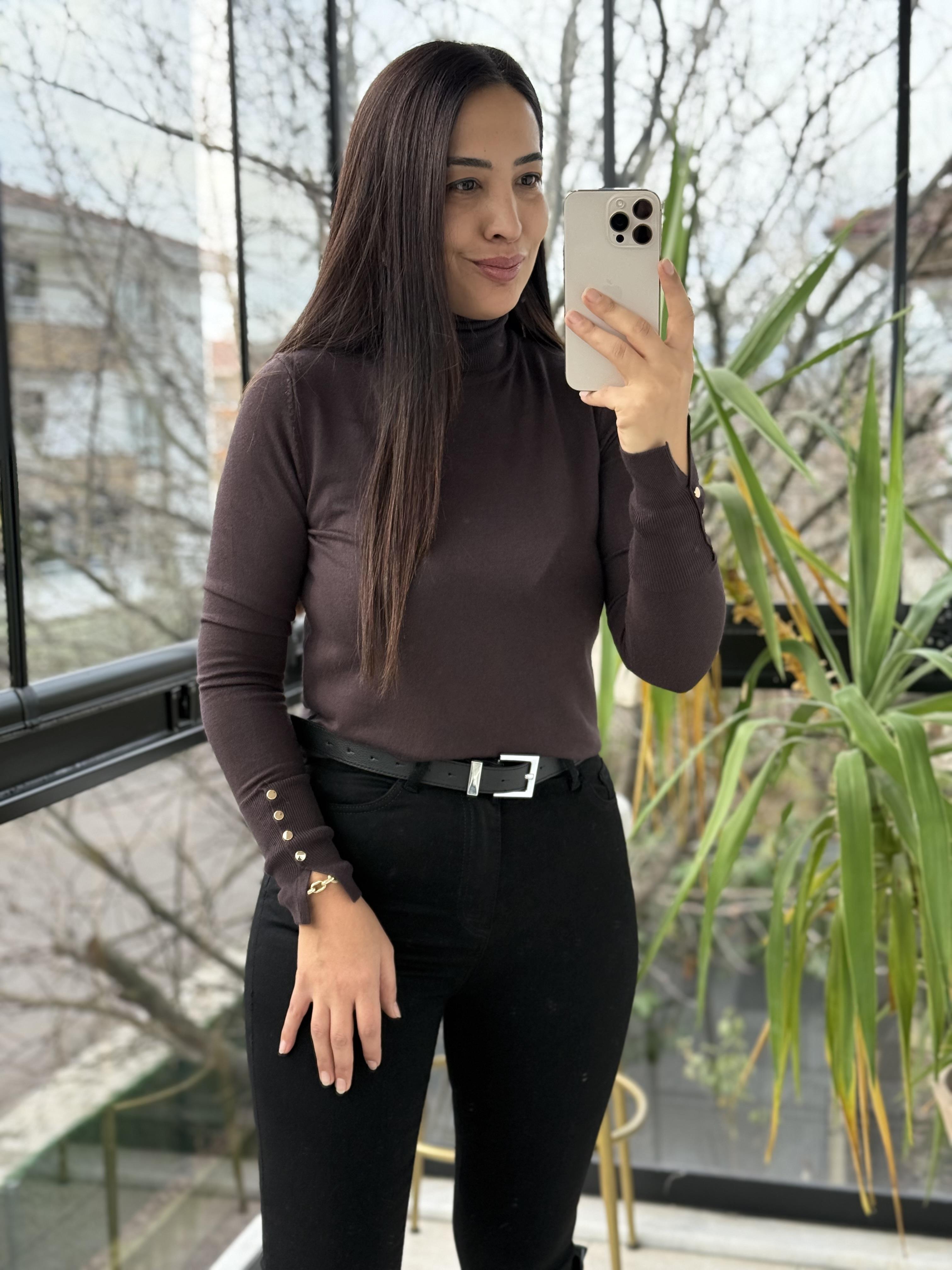 Dilvin Balıkçı Yaka Kol Ortası Droplu Triko Kahve