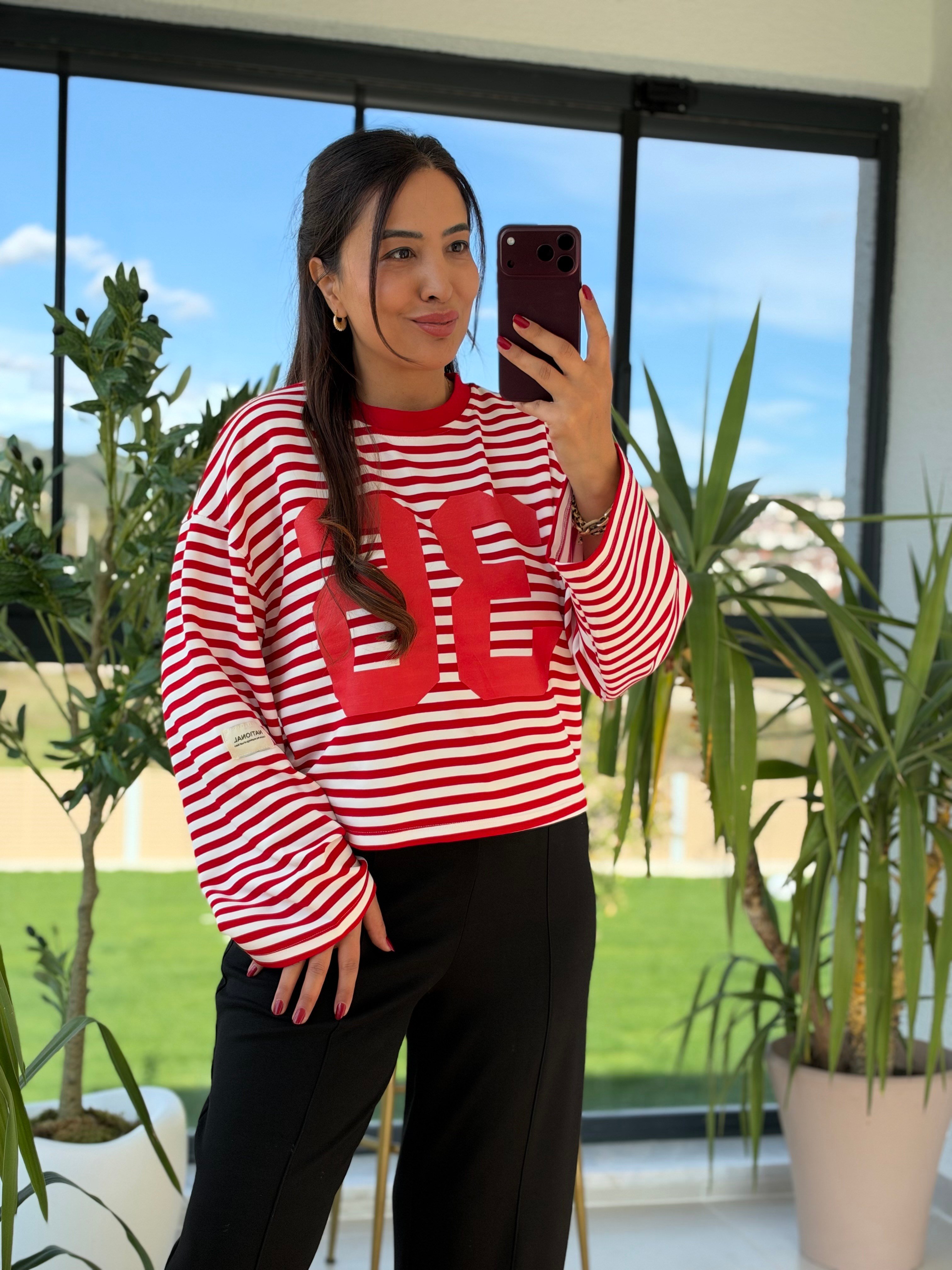 36 Baskılı Çizgili Basic Sweatshirt Kırmızı