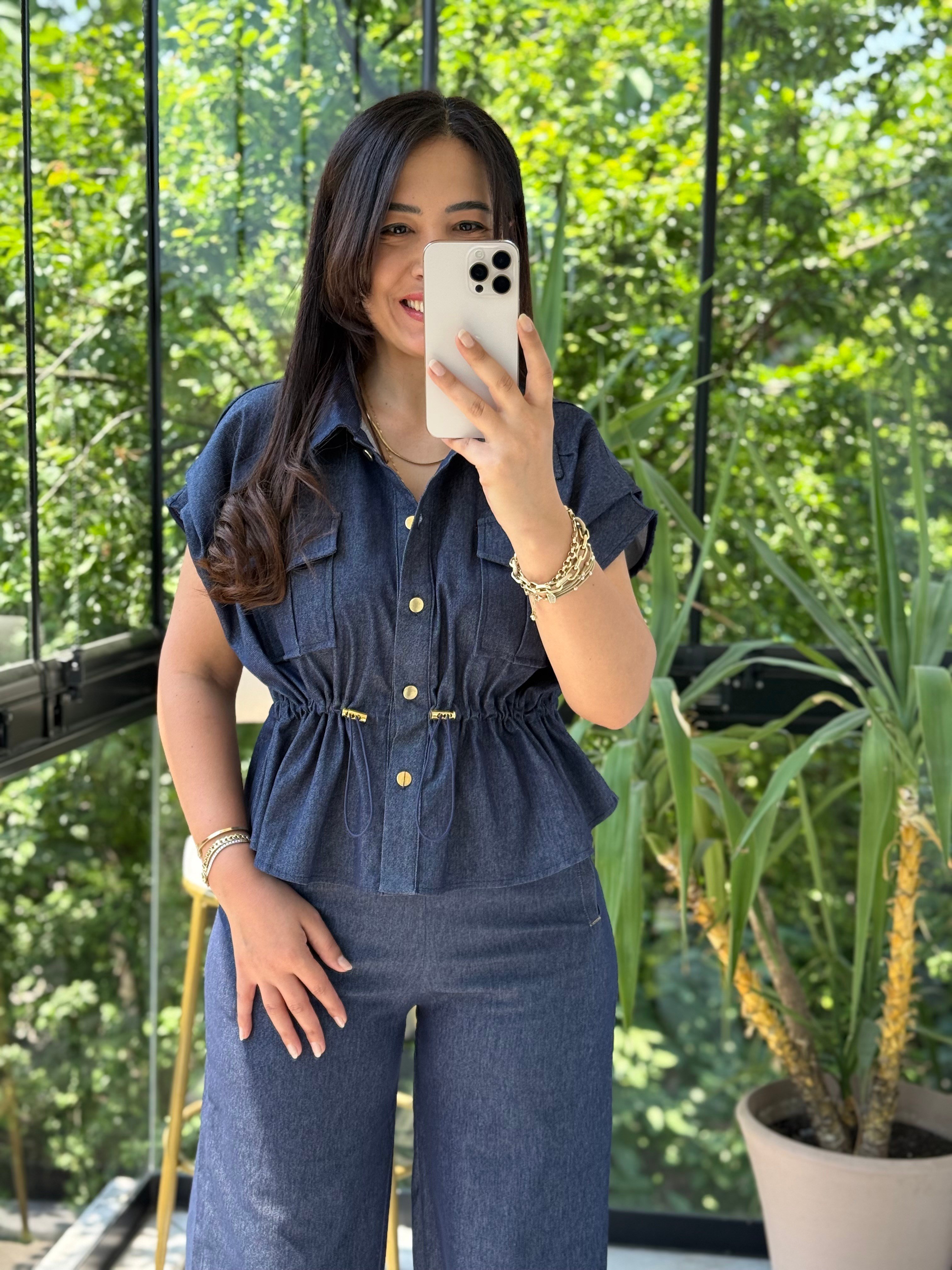 Gold Düğme Denim Gömlek Mavi