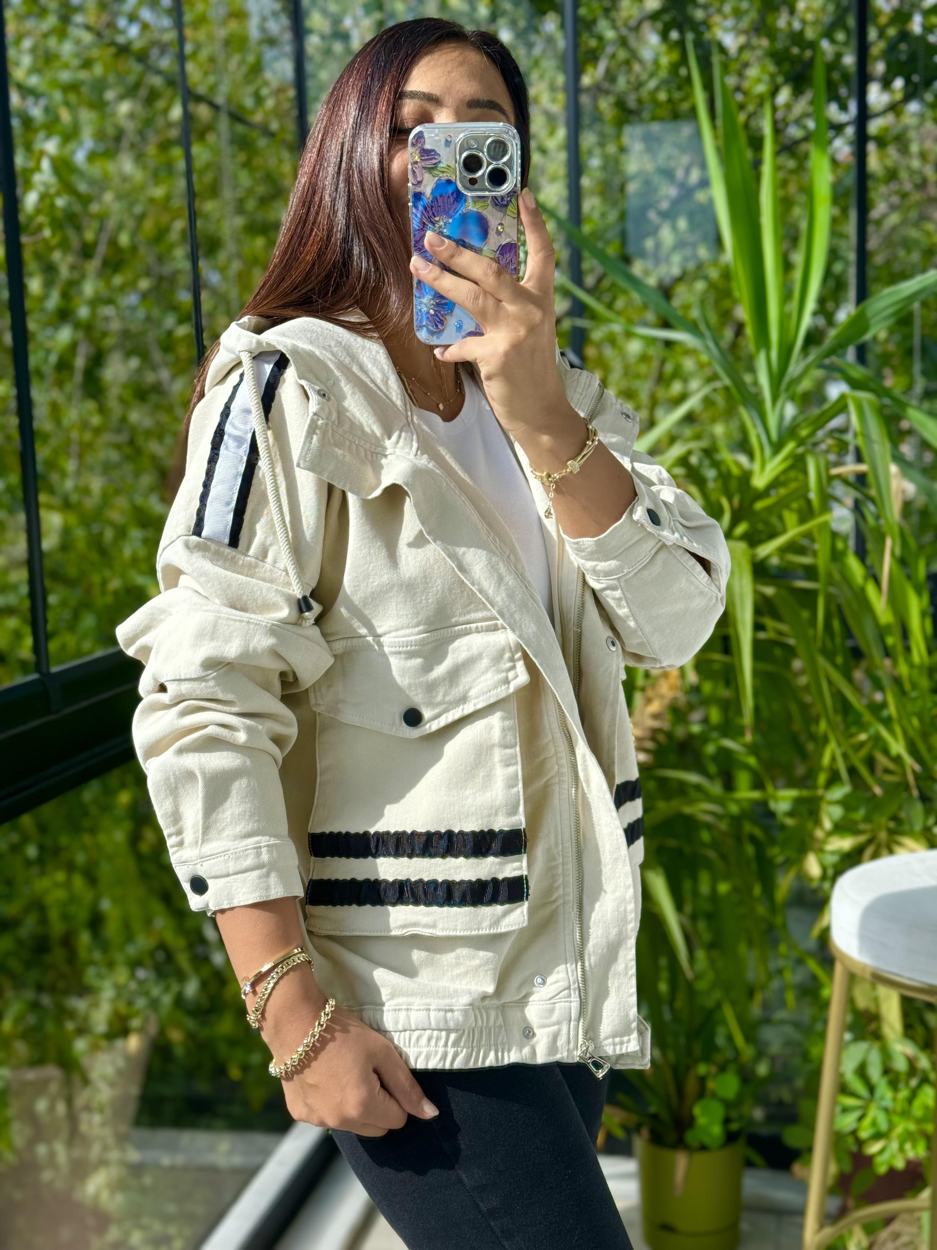 Şeritli Gabardin Ceket Taş