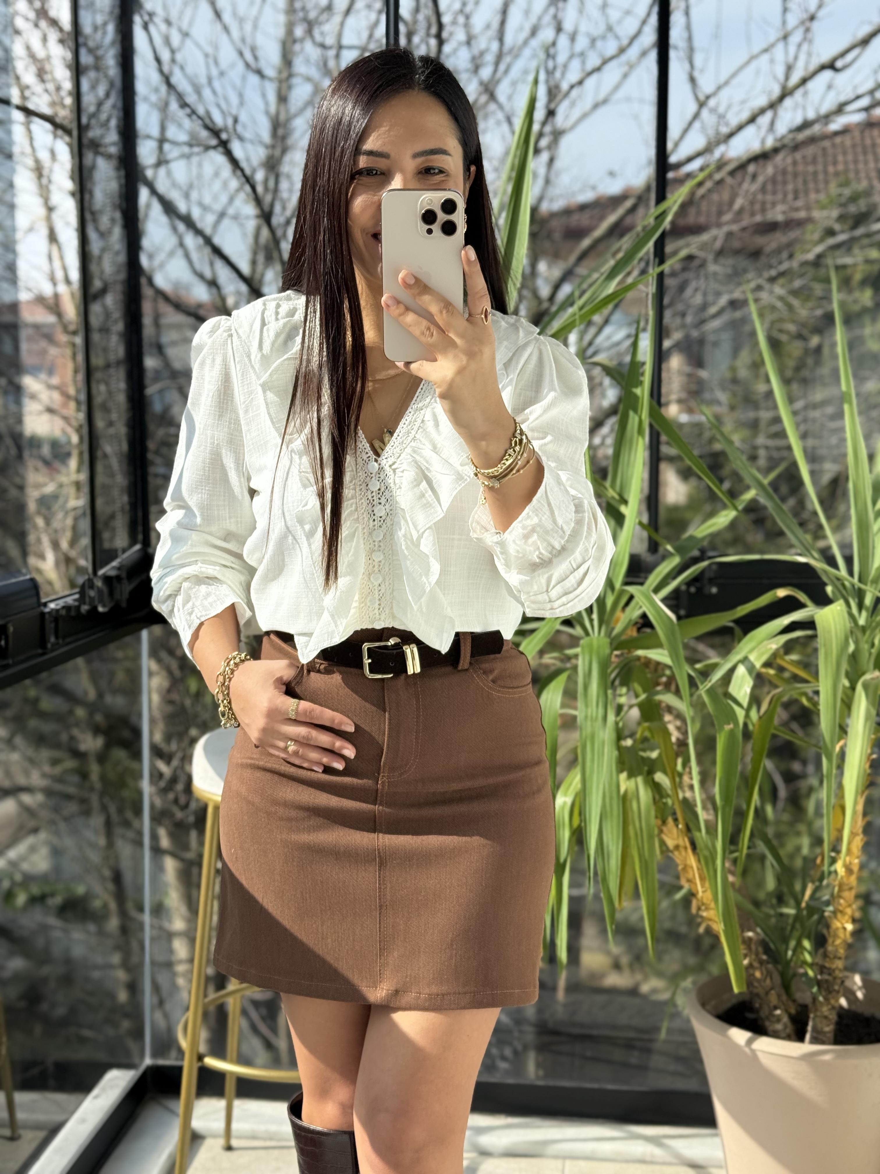 Önü Fırfırlı Bluz Gömlek Ekru