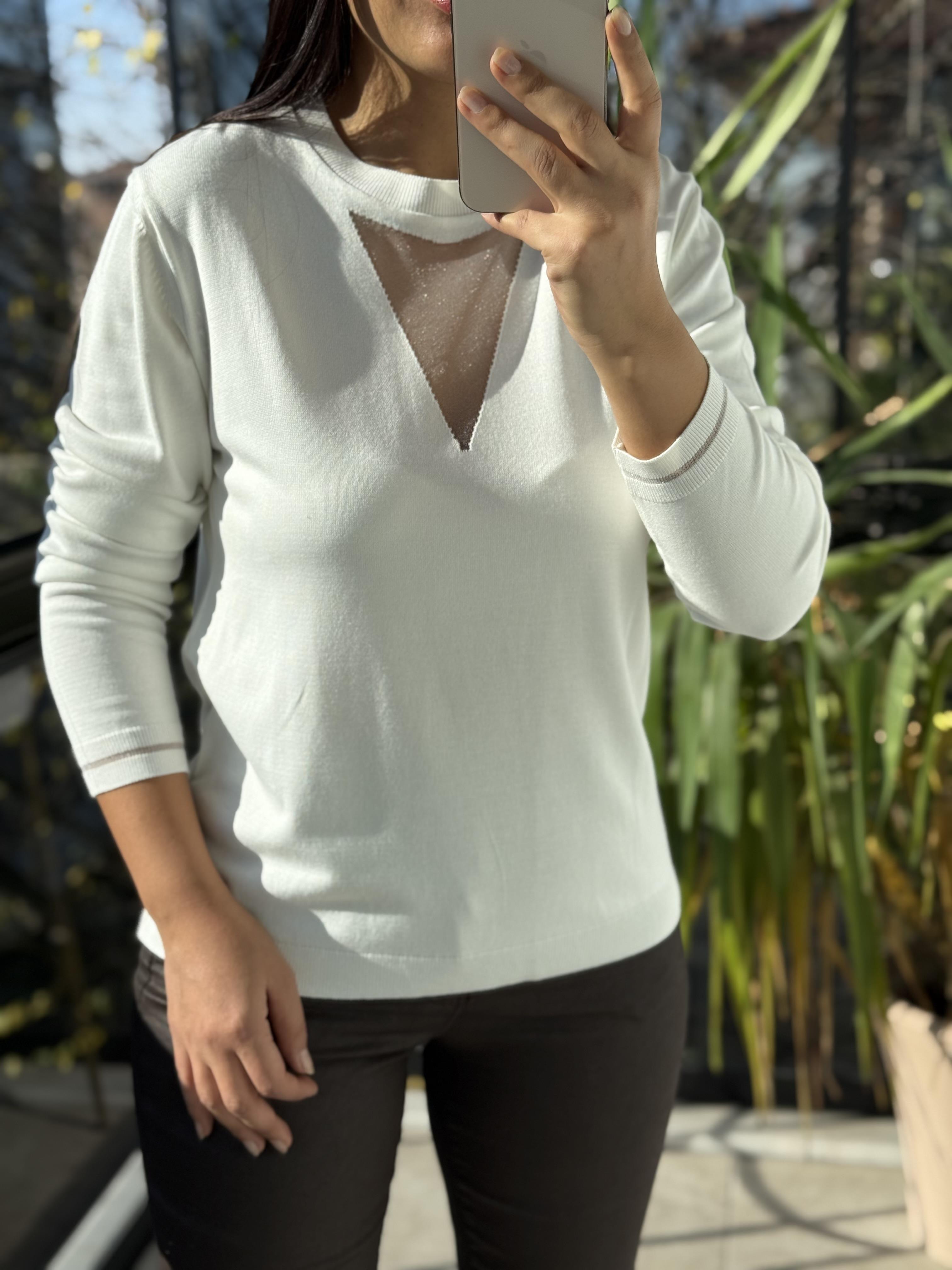 Tül Yaka Detaylı Merserize Triko Ekru