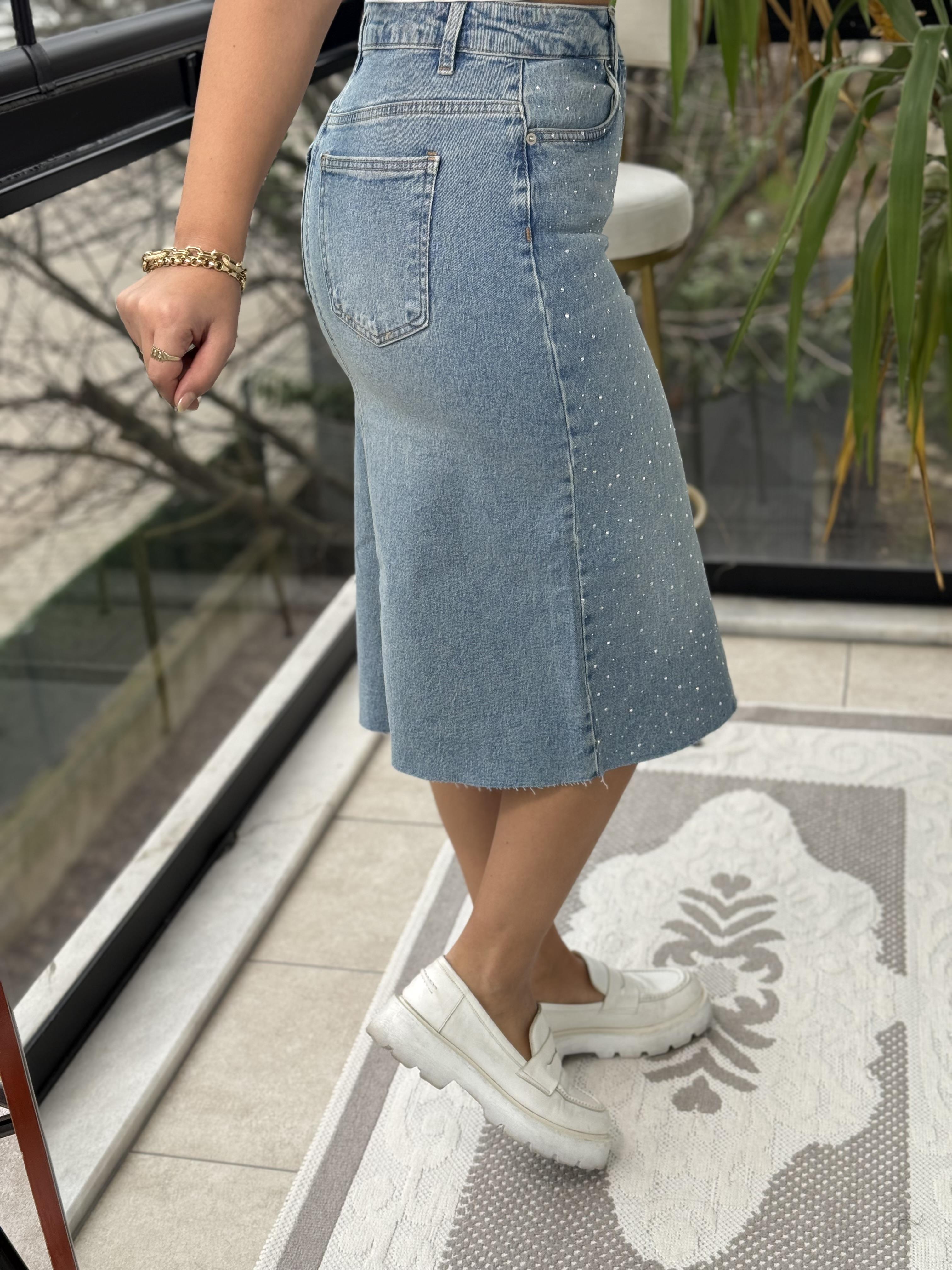 Taşlı Orta Boy Kot Etek Mavi