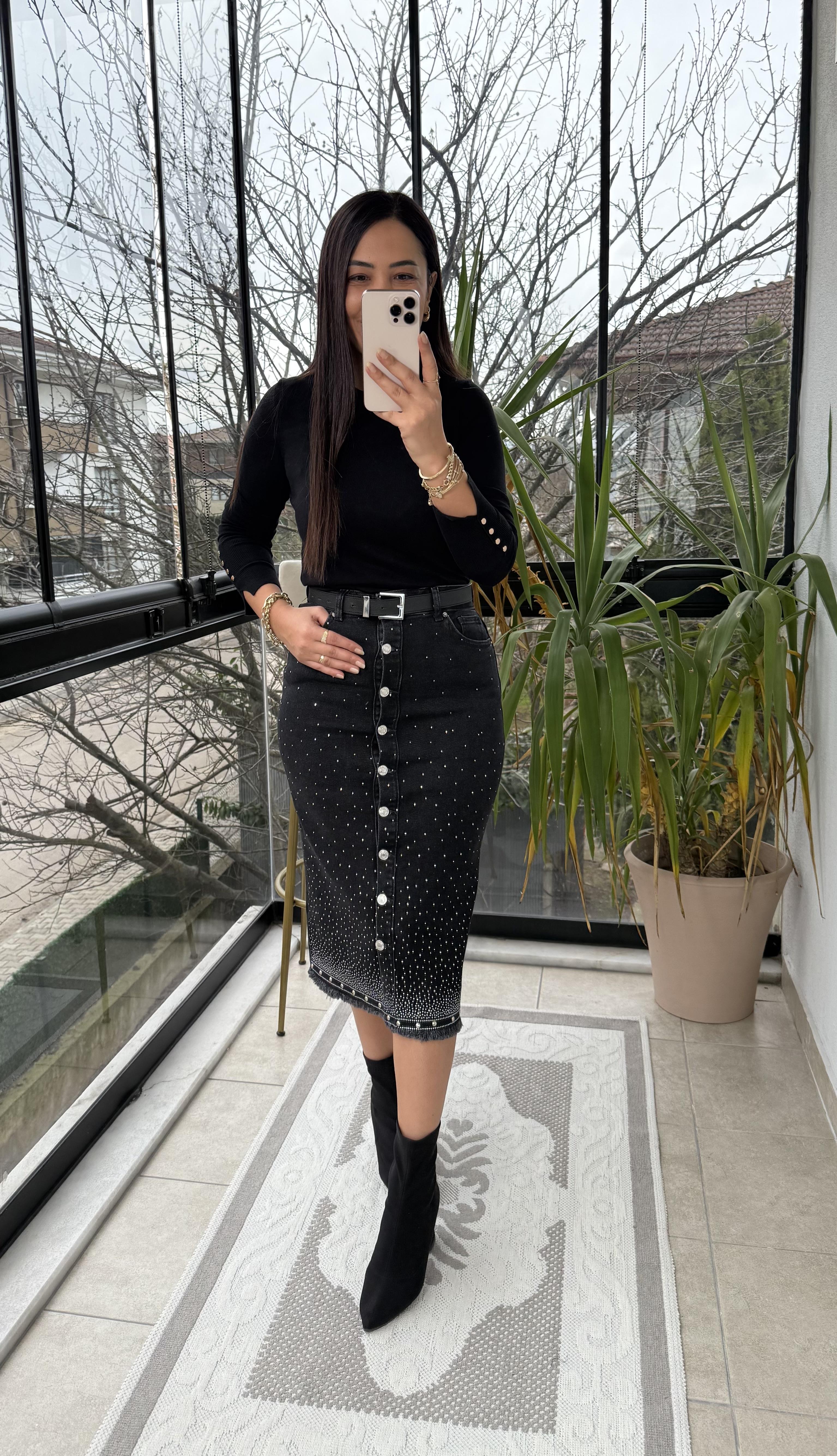 Taşlı Orta Boy Kot Etek Füme