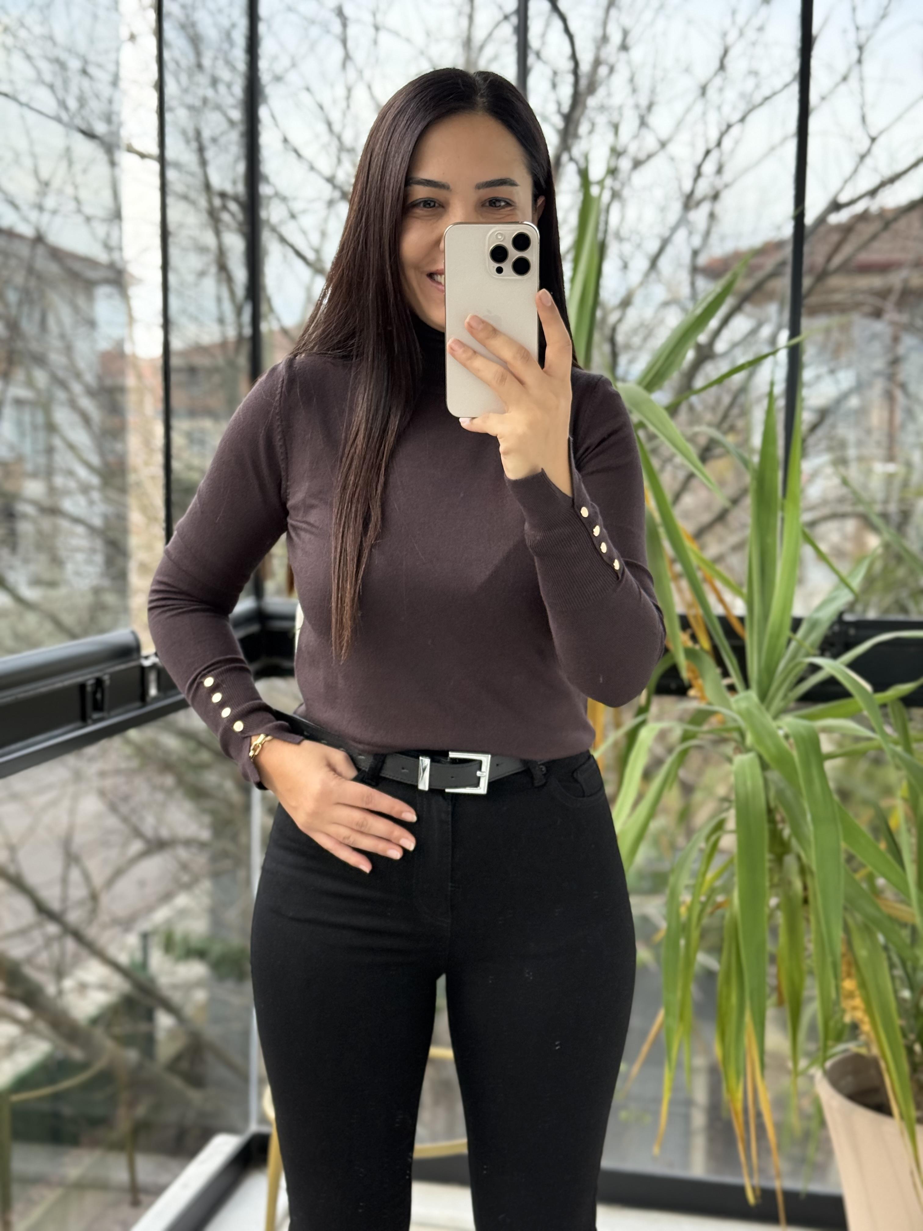 Dilvin Balıkçı Yaka Kol Ortası Droplu Triko Kahve