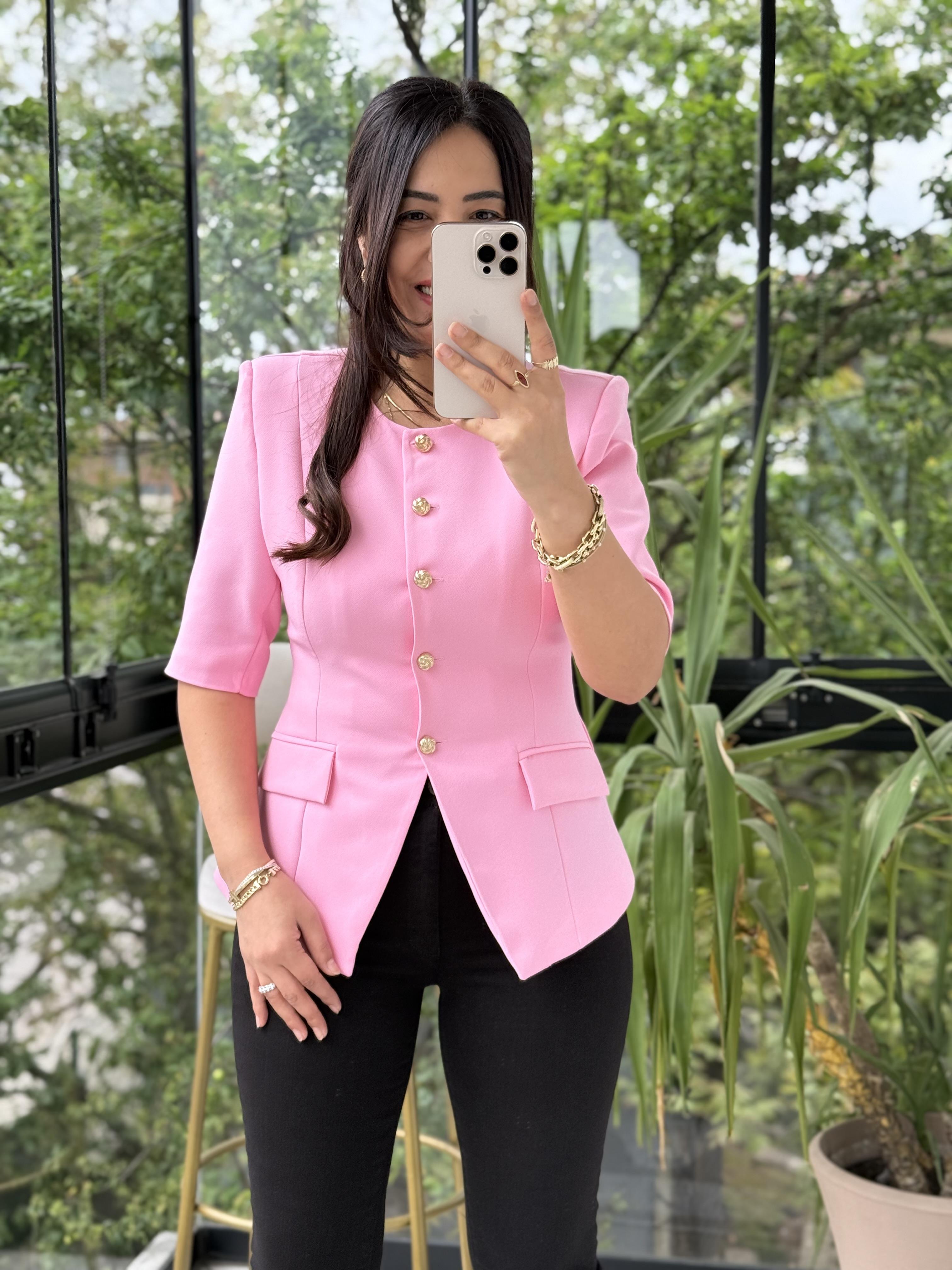 Slimfit Mini Gold Düğme Kısa Kol Blazer Pembe