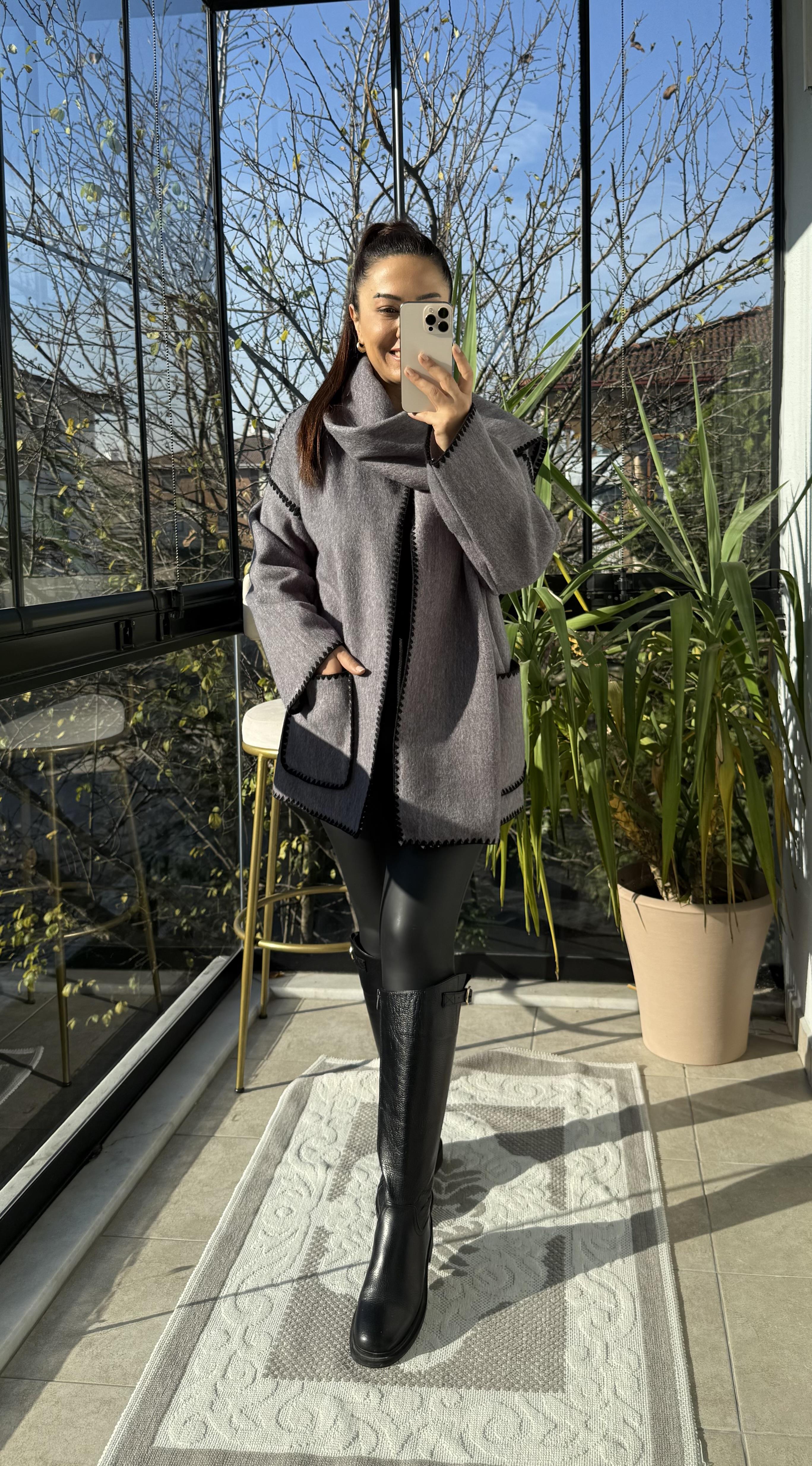 Şal Yaka Kaşe Kimono Ceket Gri