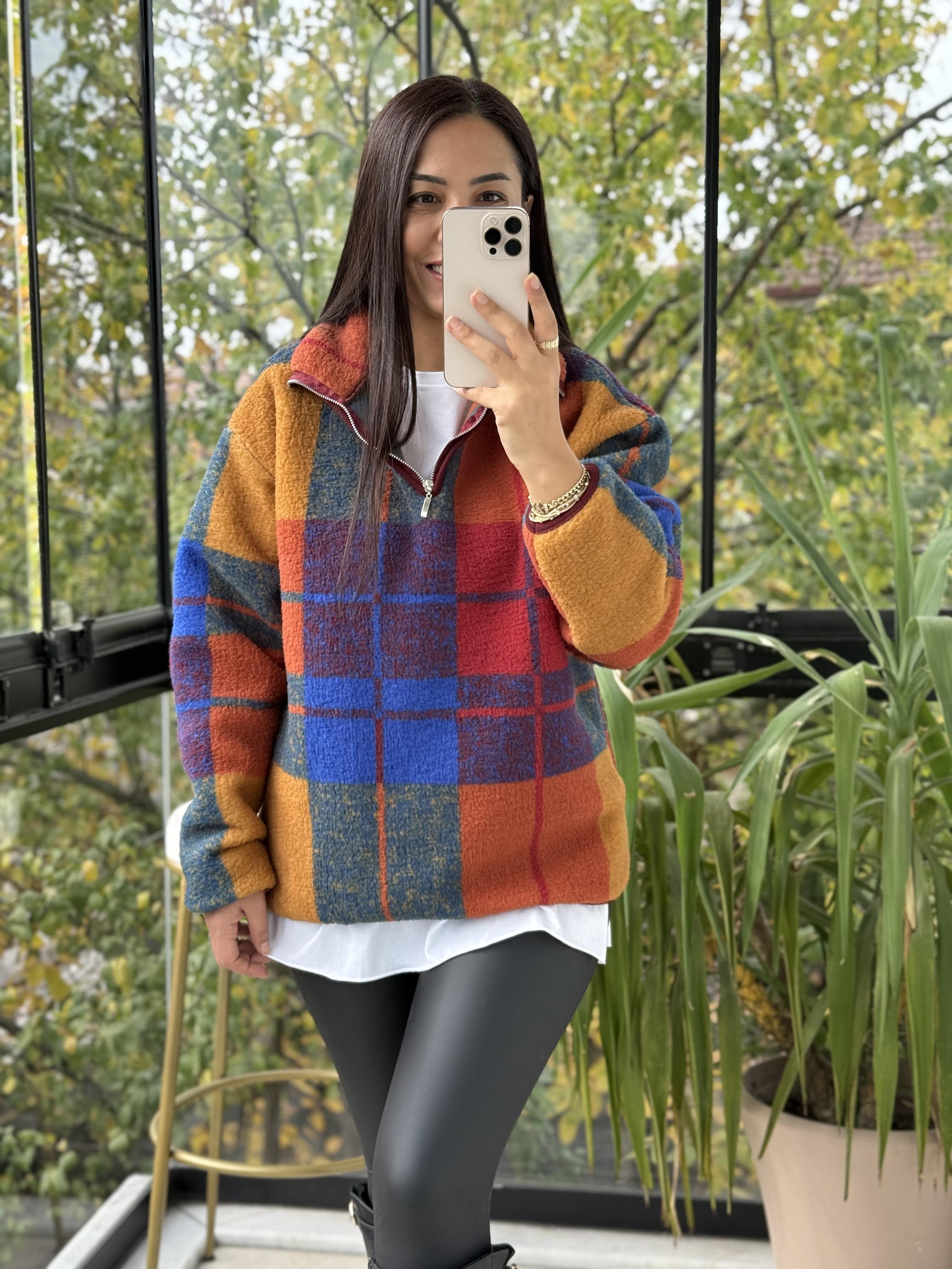 Desenli Fermuarlı Polar Sweat Bordo