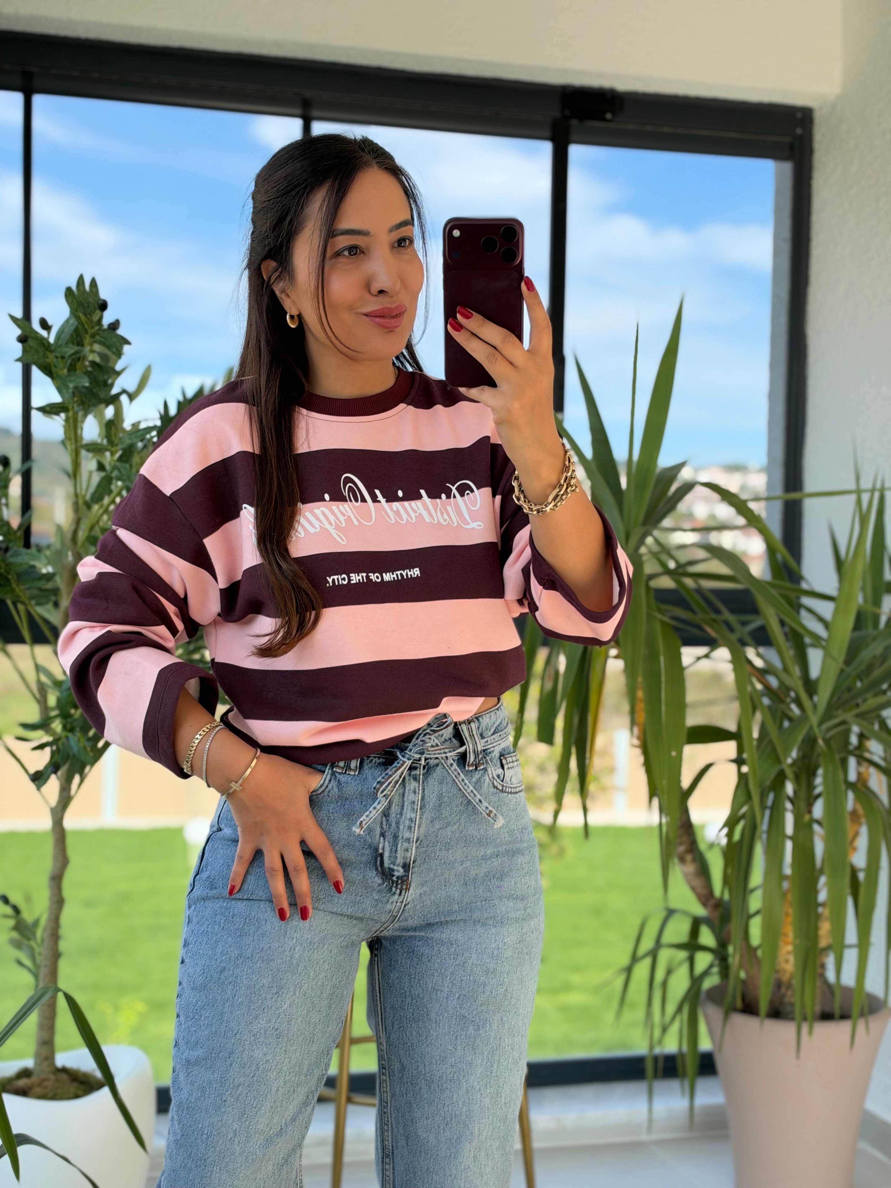 District Yazılı Çizgili Sweatshirtt Pembe
