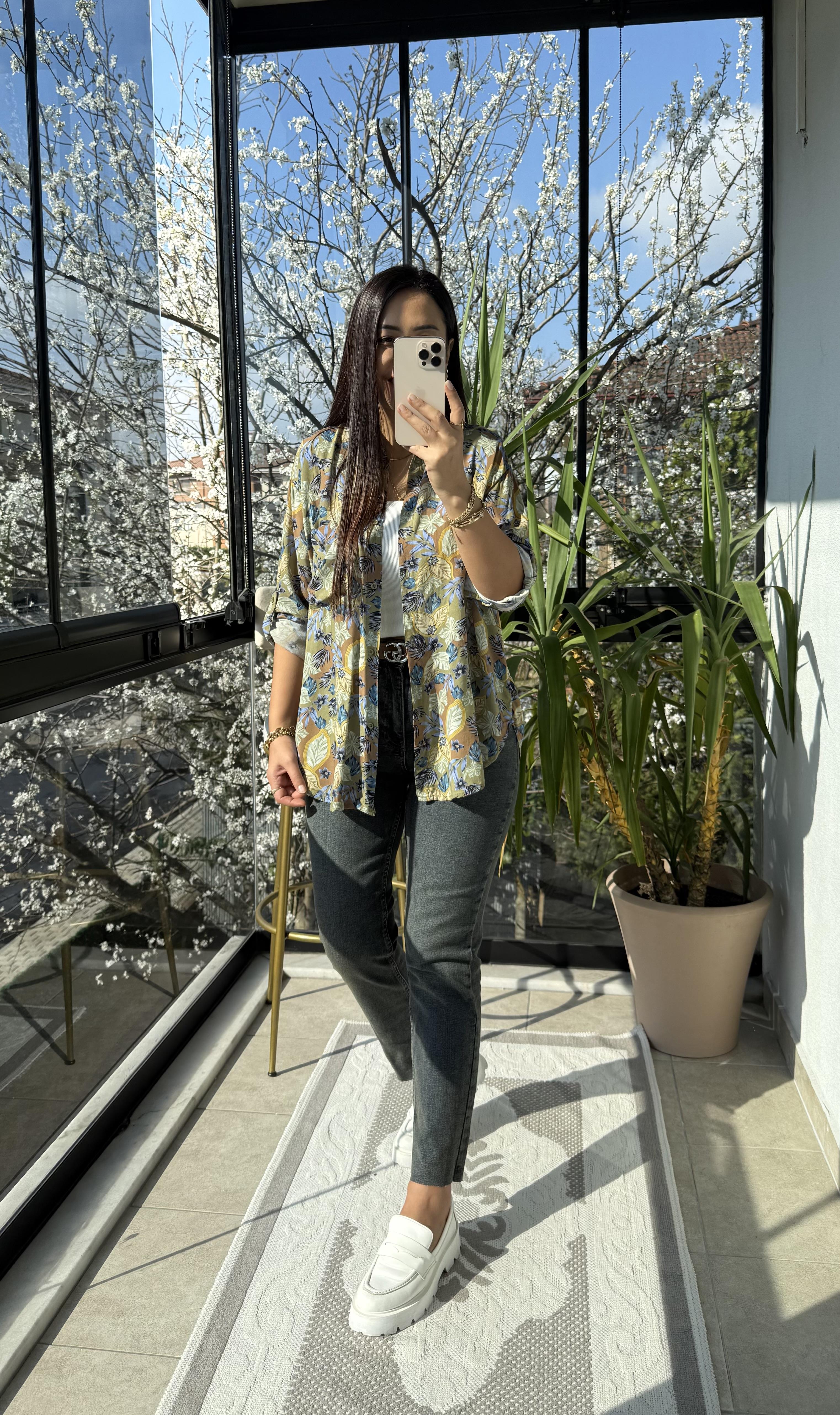 Yaprak Desenli Pamuklu Gömlek Haki Yeşili