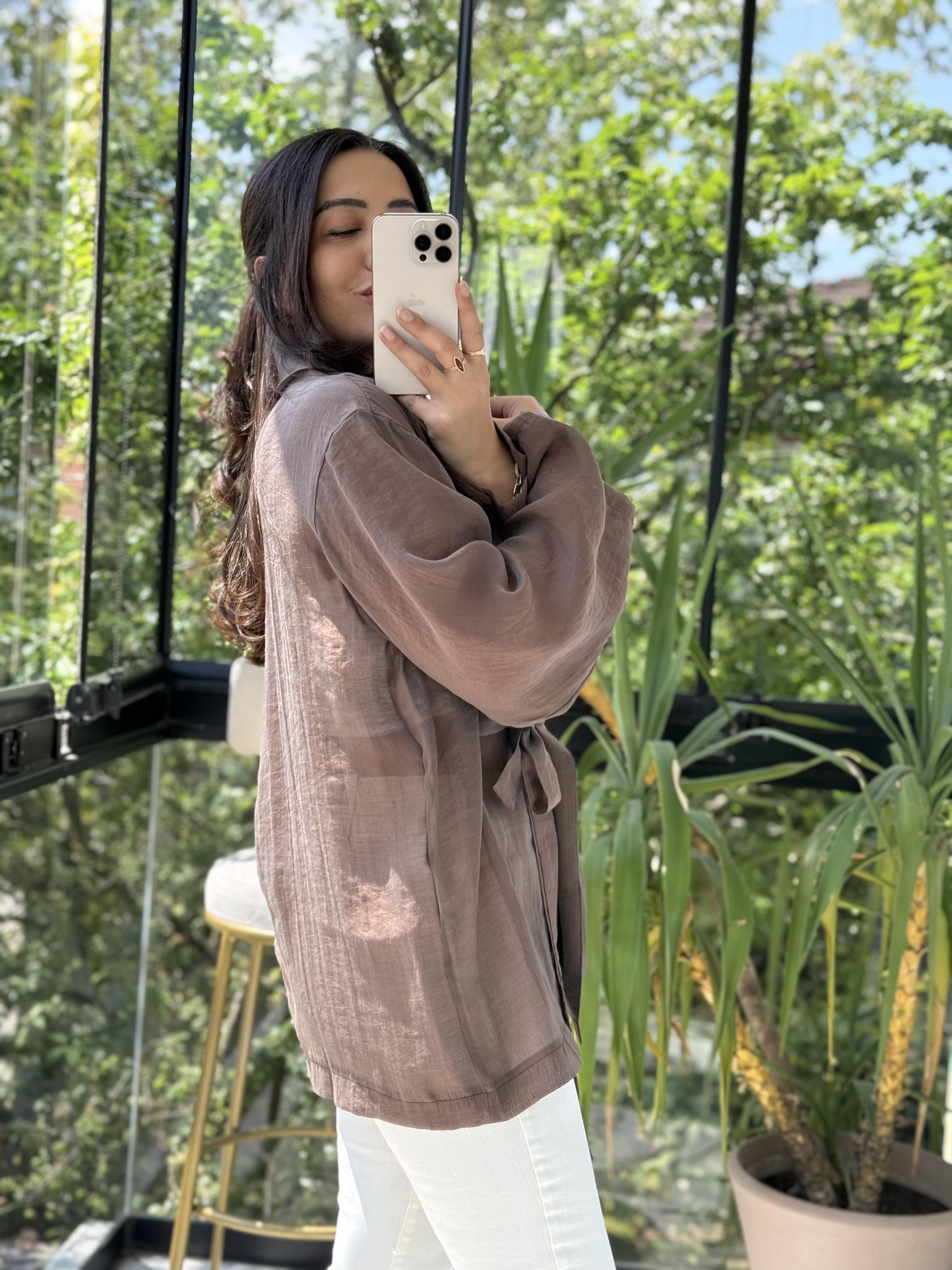 Kruvaze Yaka Bağlamalı Kimono Kahve