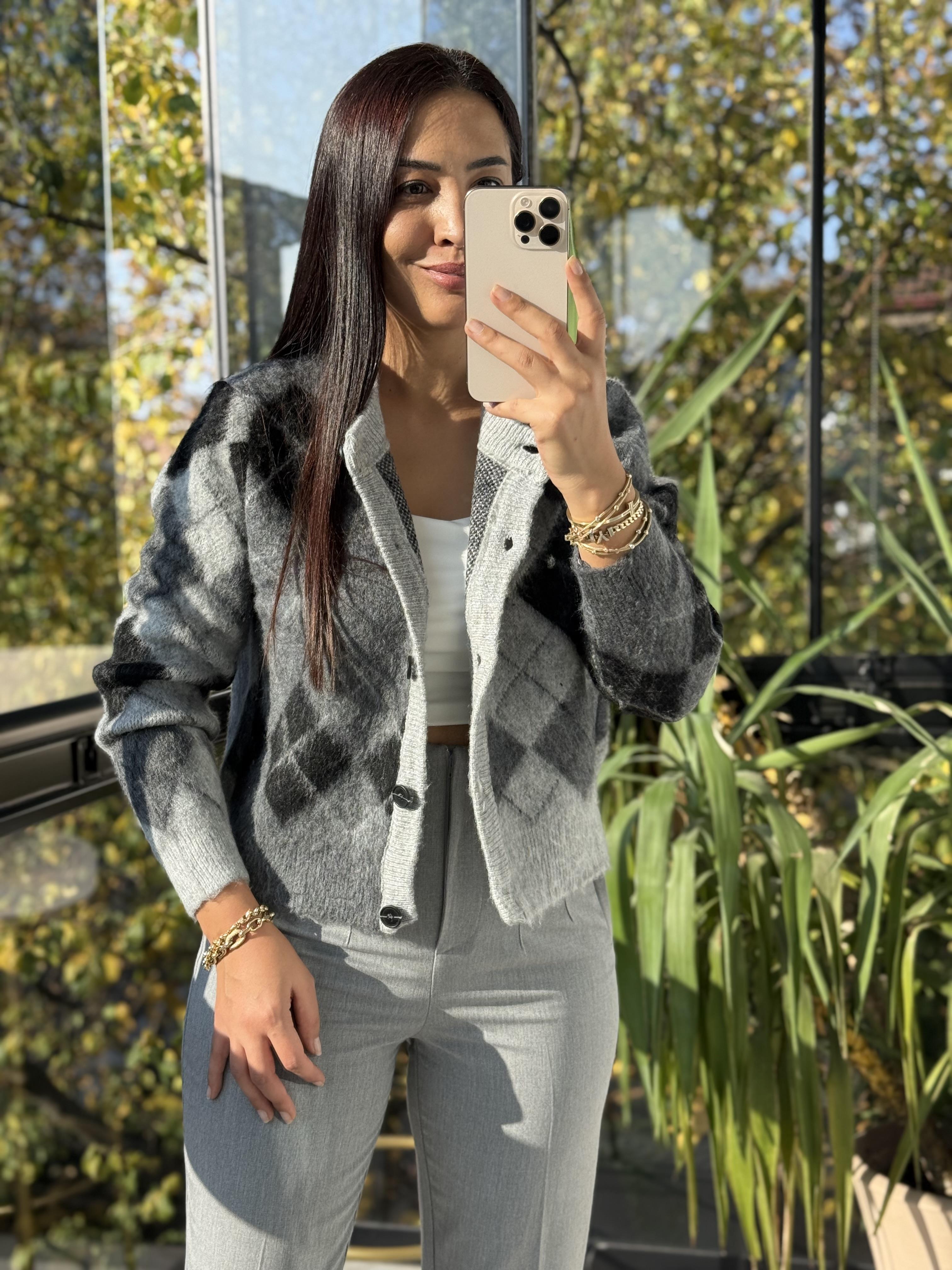 Kısa Baklava Desenli Hırka Antrasit