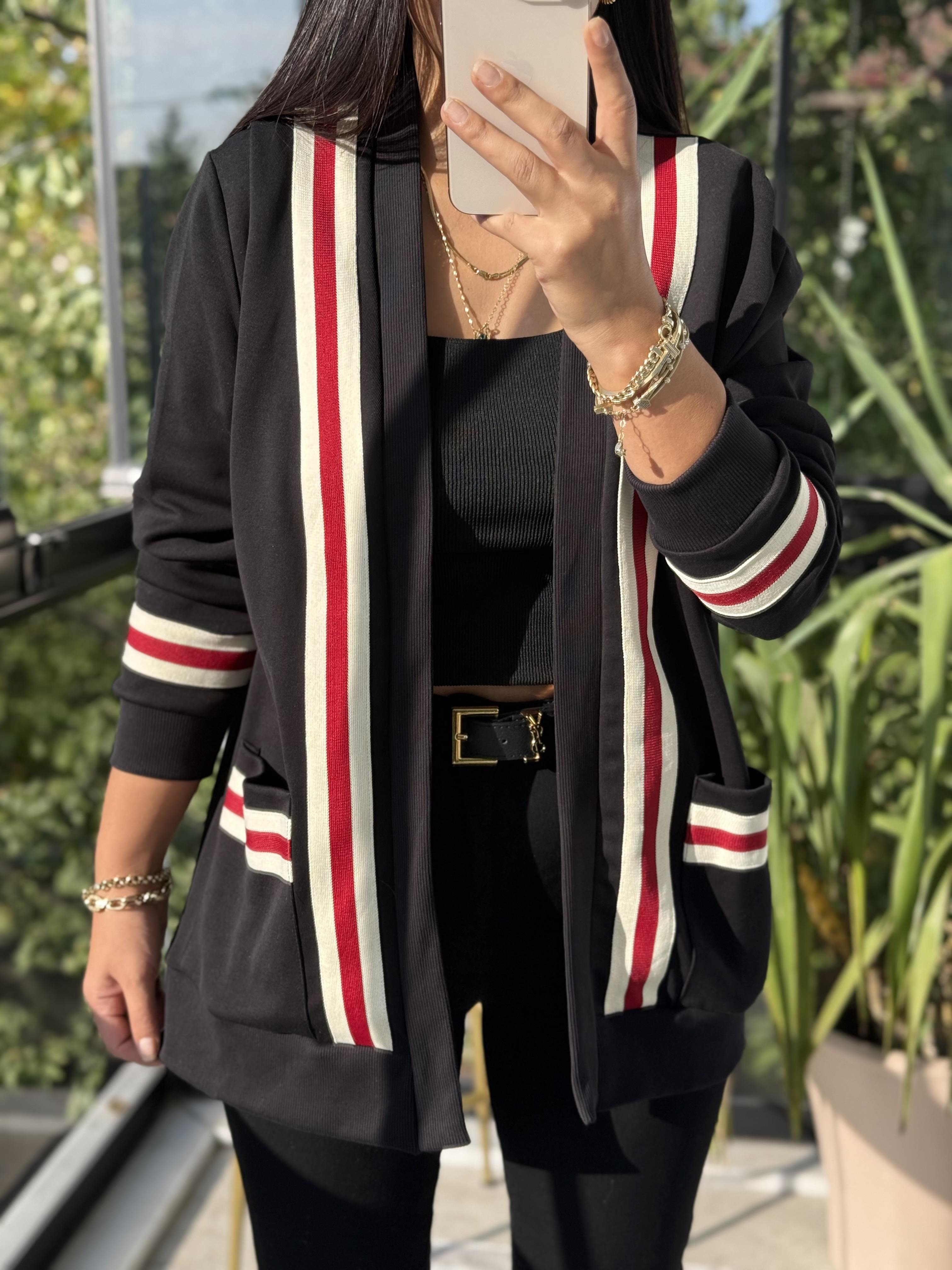 Tiktak Şeritli İnterlok Hırka Siyah