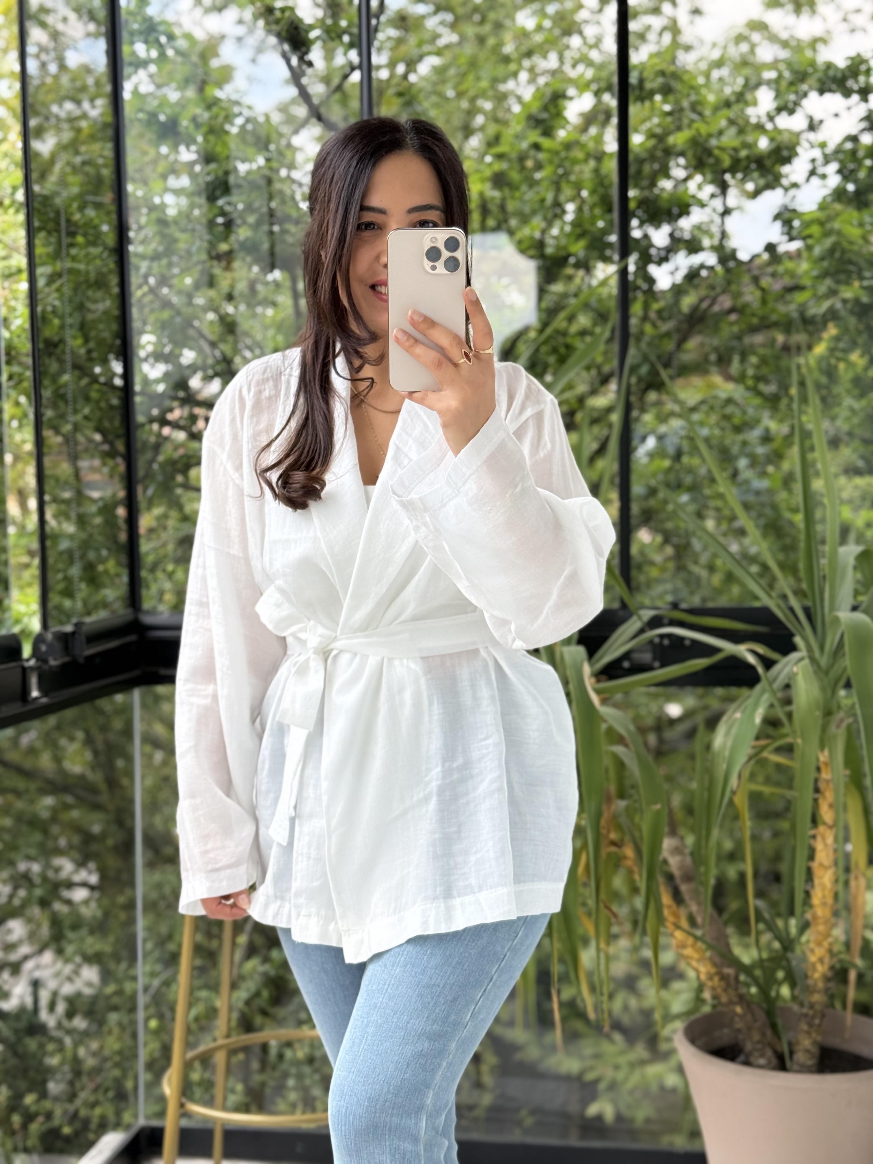 Kruvaze Yaka Bağlamalı Kimono Ekru