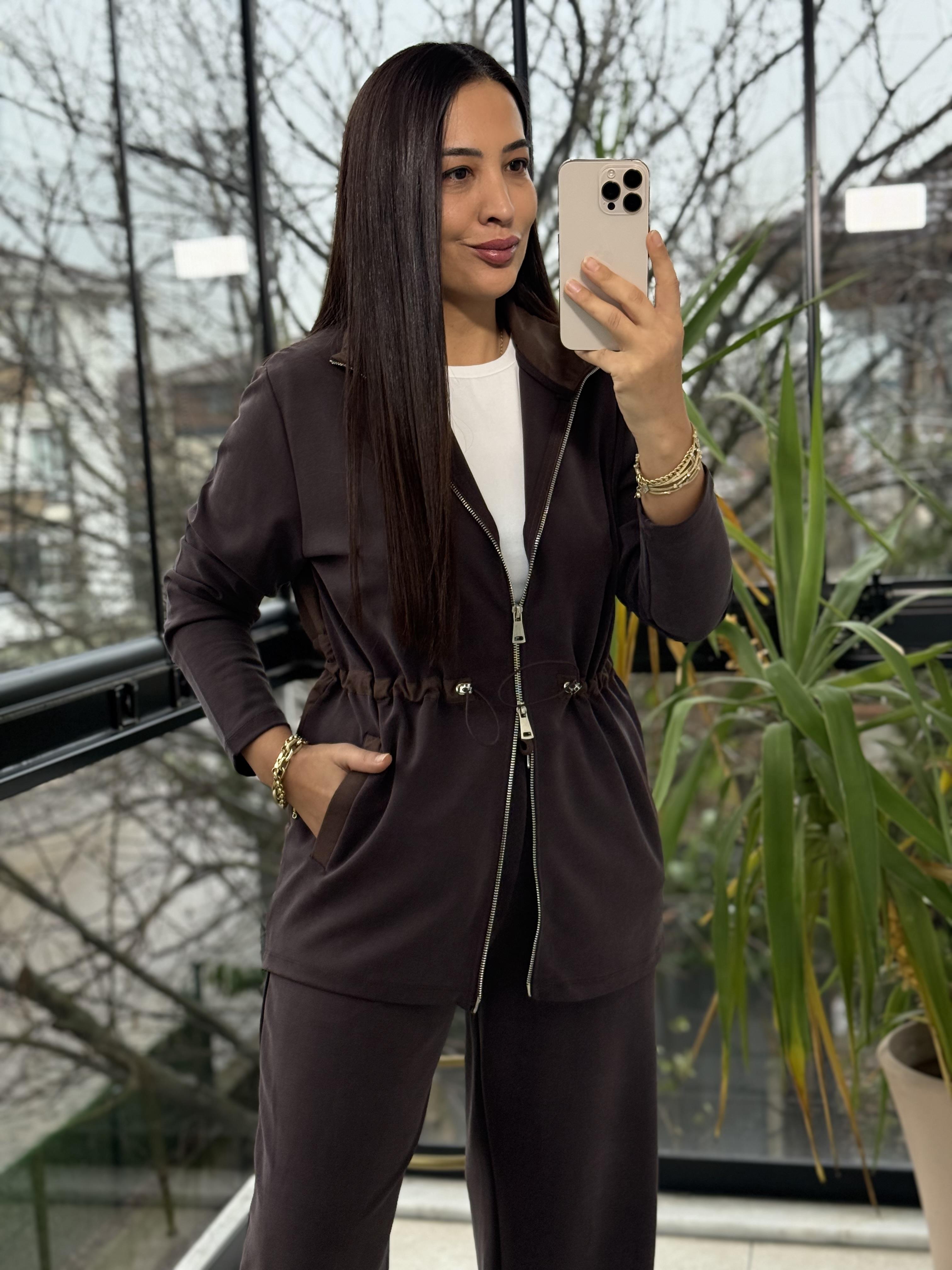 Beli Büzgü Detaylı Takım Kahve