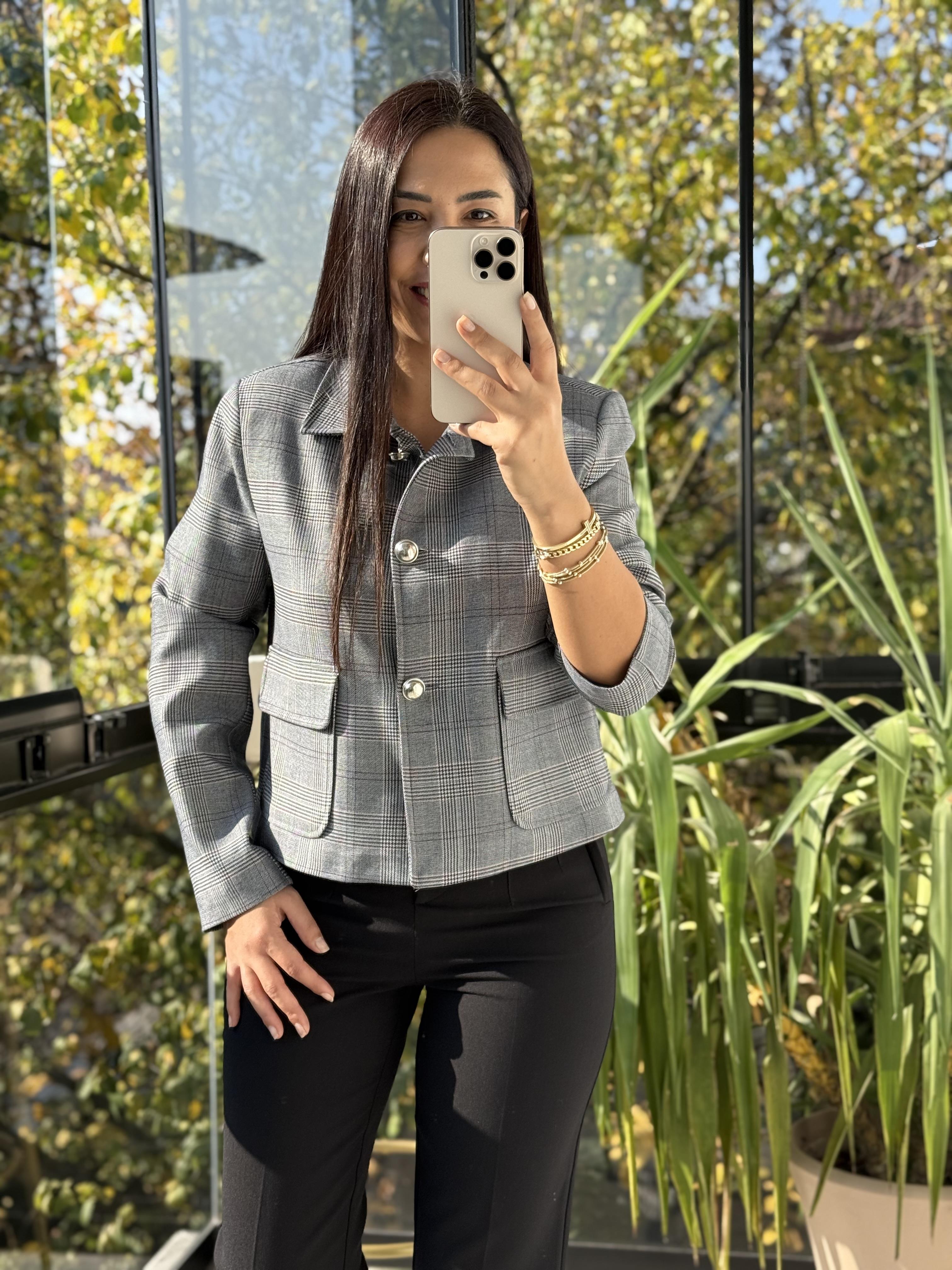 Ekose Top Düğme Crop Ceket Lacivert