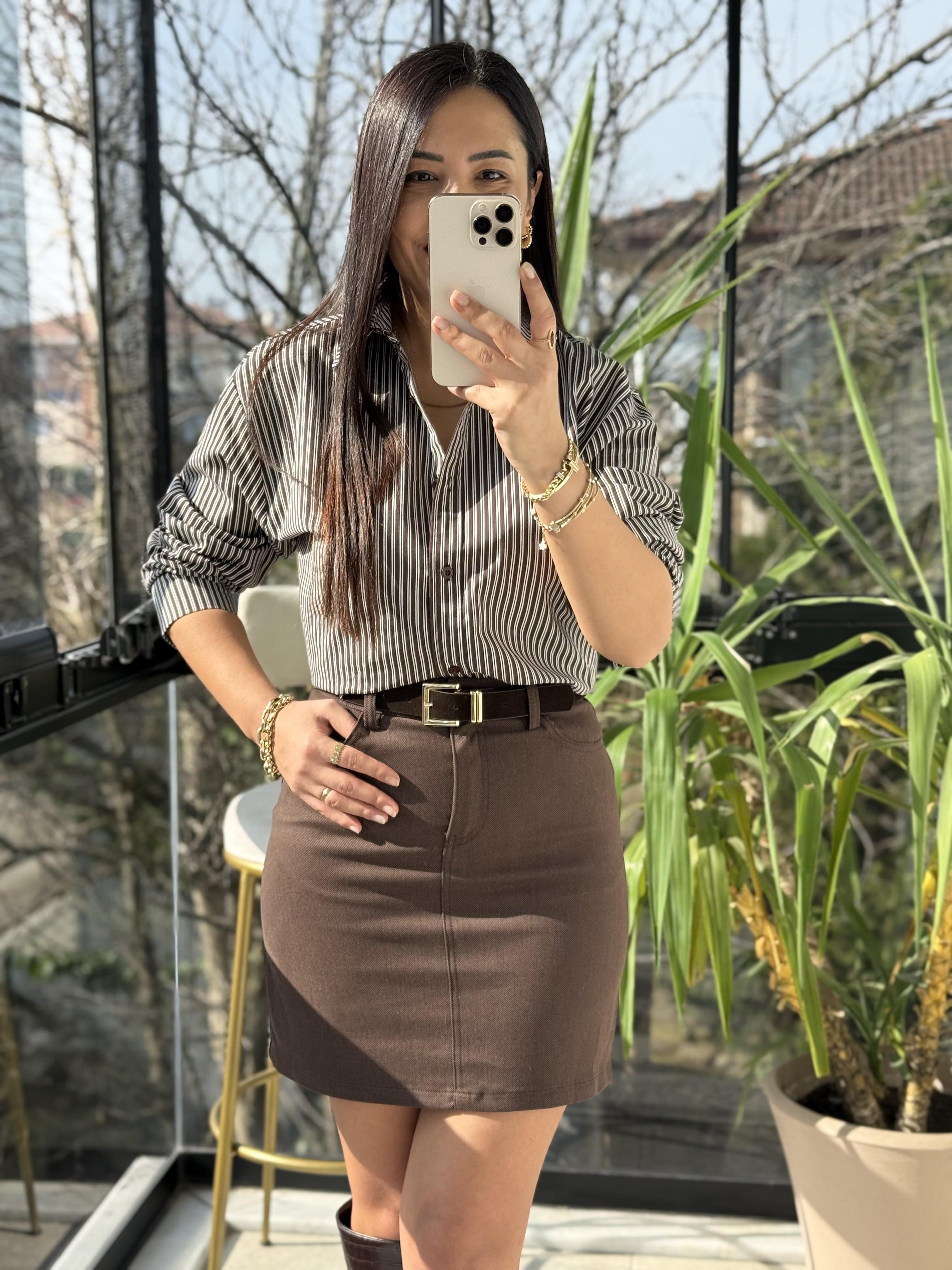 Çizgili Oversize Gömlek Kahve