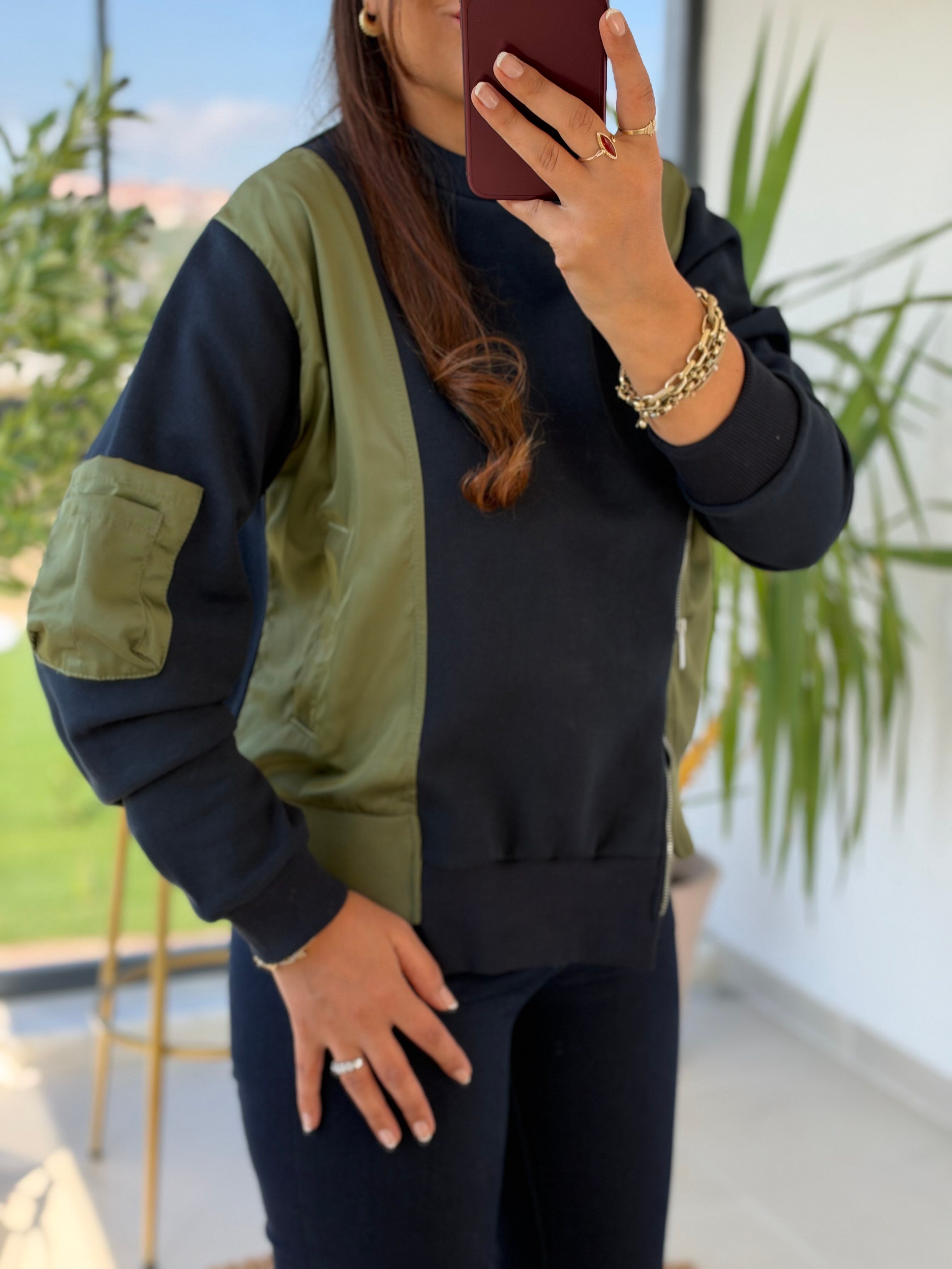 Mix Kumaş Fermuarlı Modal Sweatshirt Lacivert