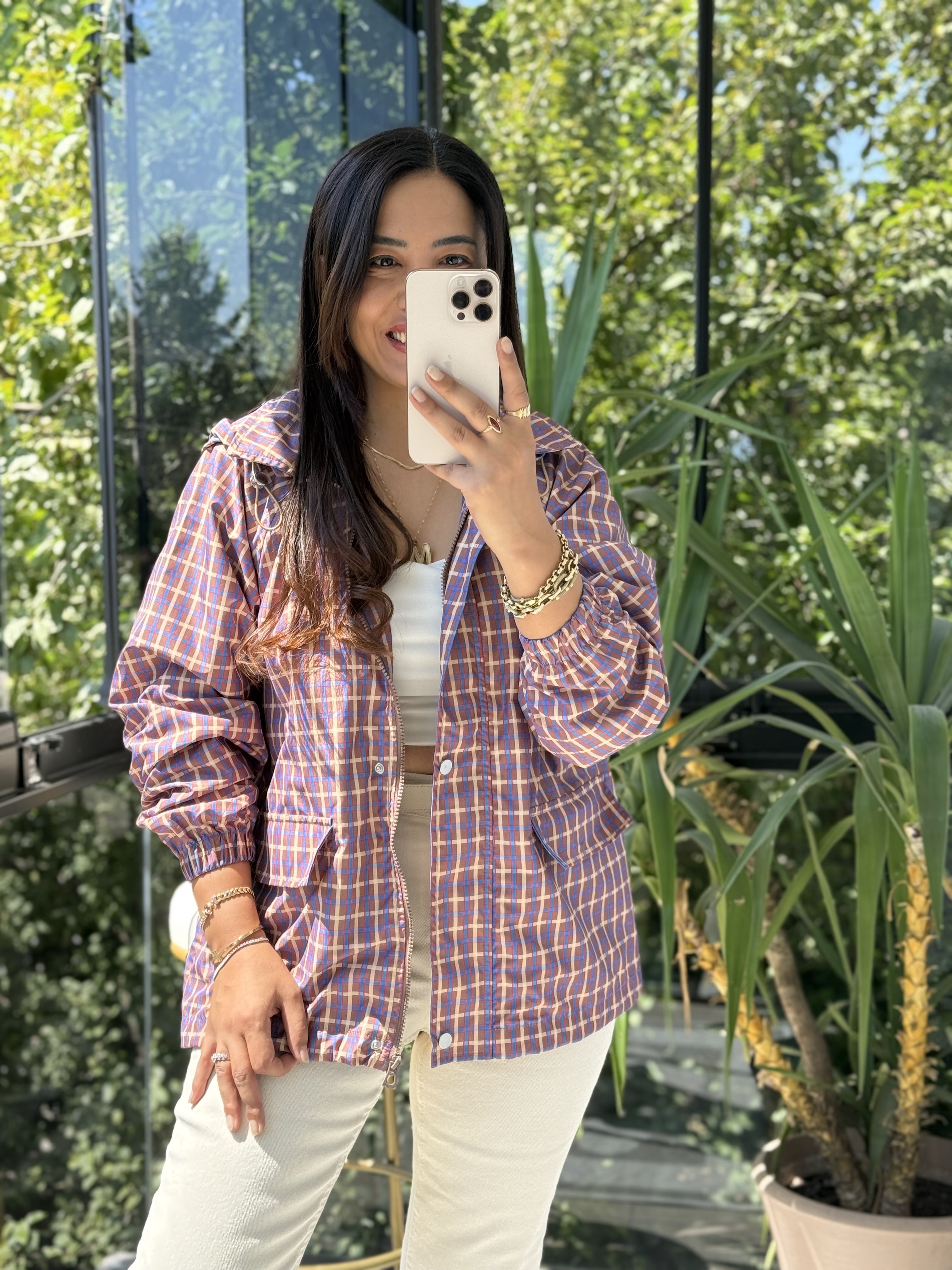 Ekoseli Oversize Yağmurluk Kahve