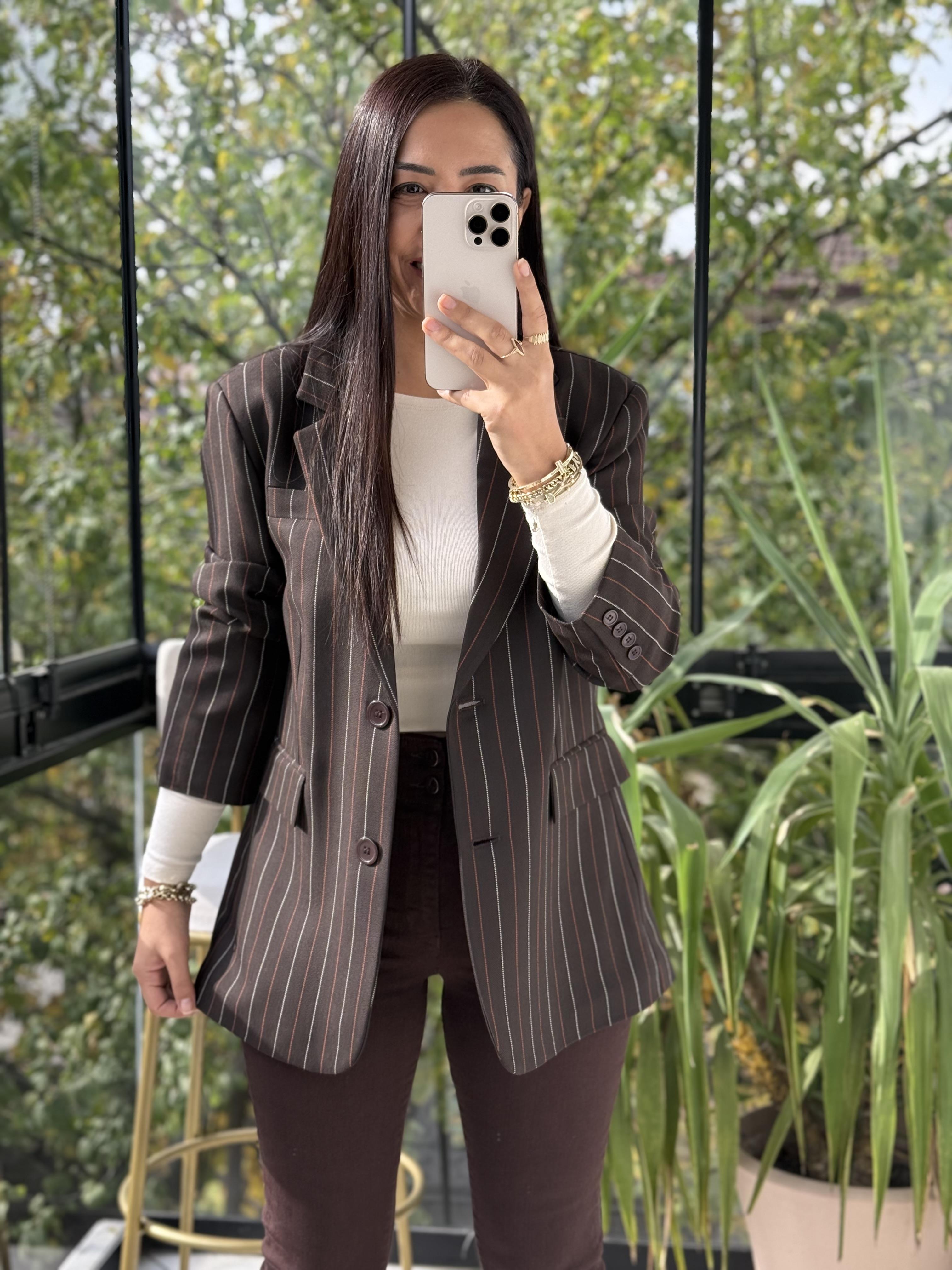 İki Düğmeli Çizgili Yün Blazer Ceket Kahve