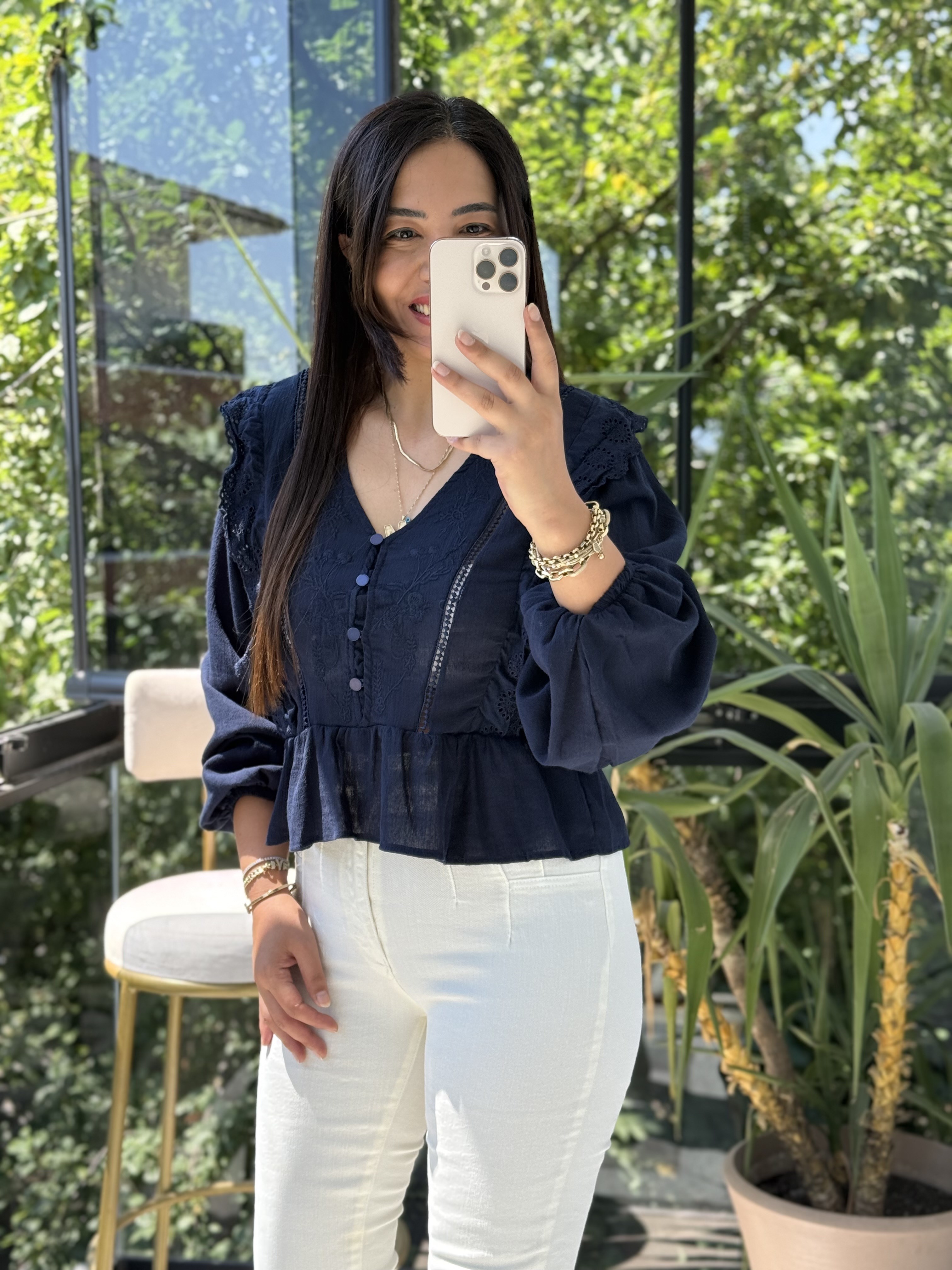 Keten Fırfırlı Bluz Lacivert 