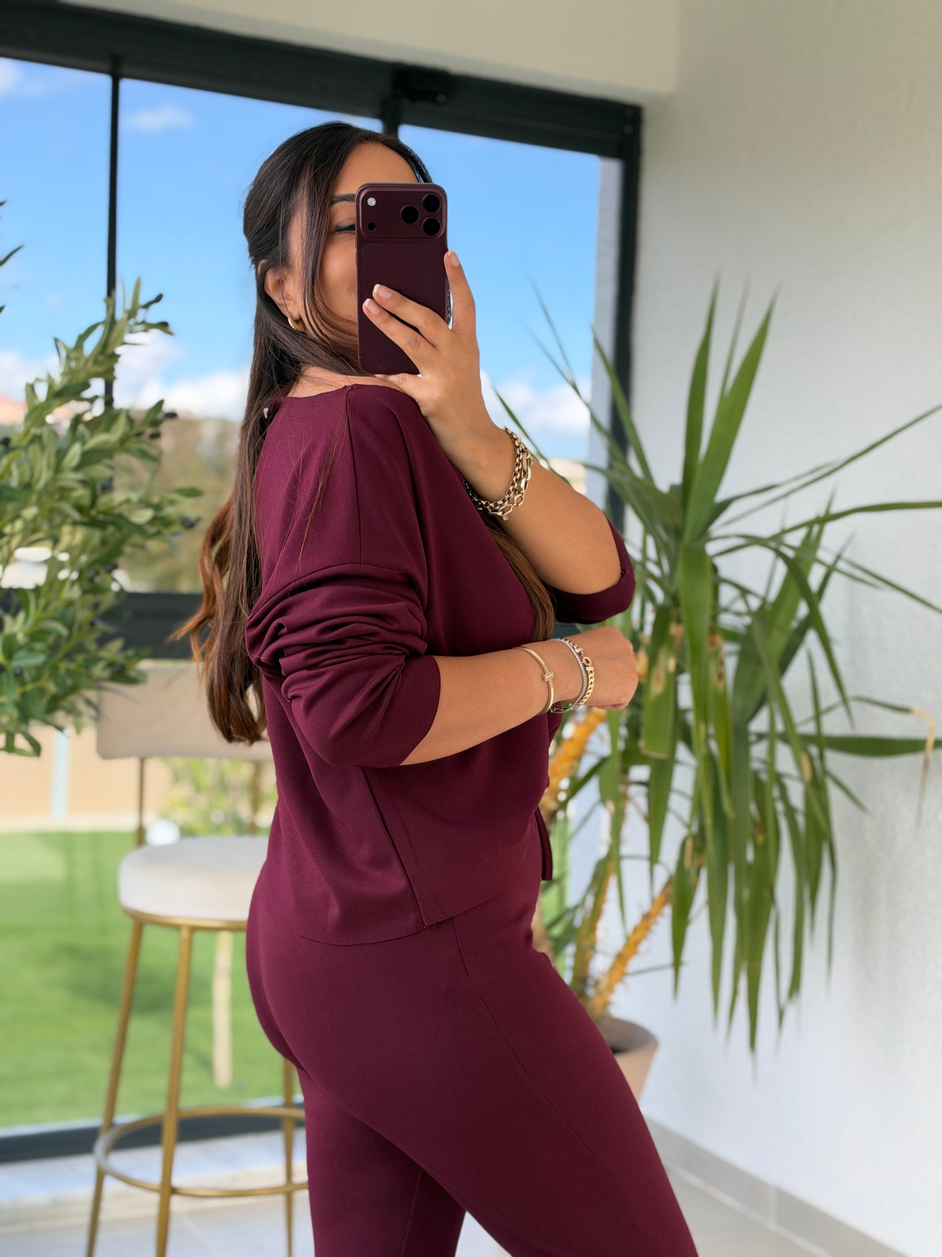 Kayık Yaka Bluzlu Takım Bordo