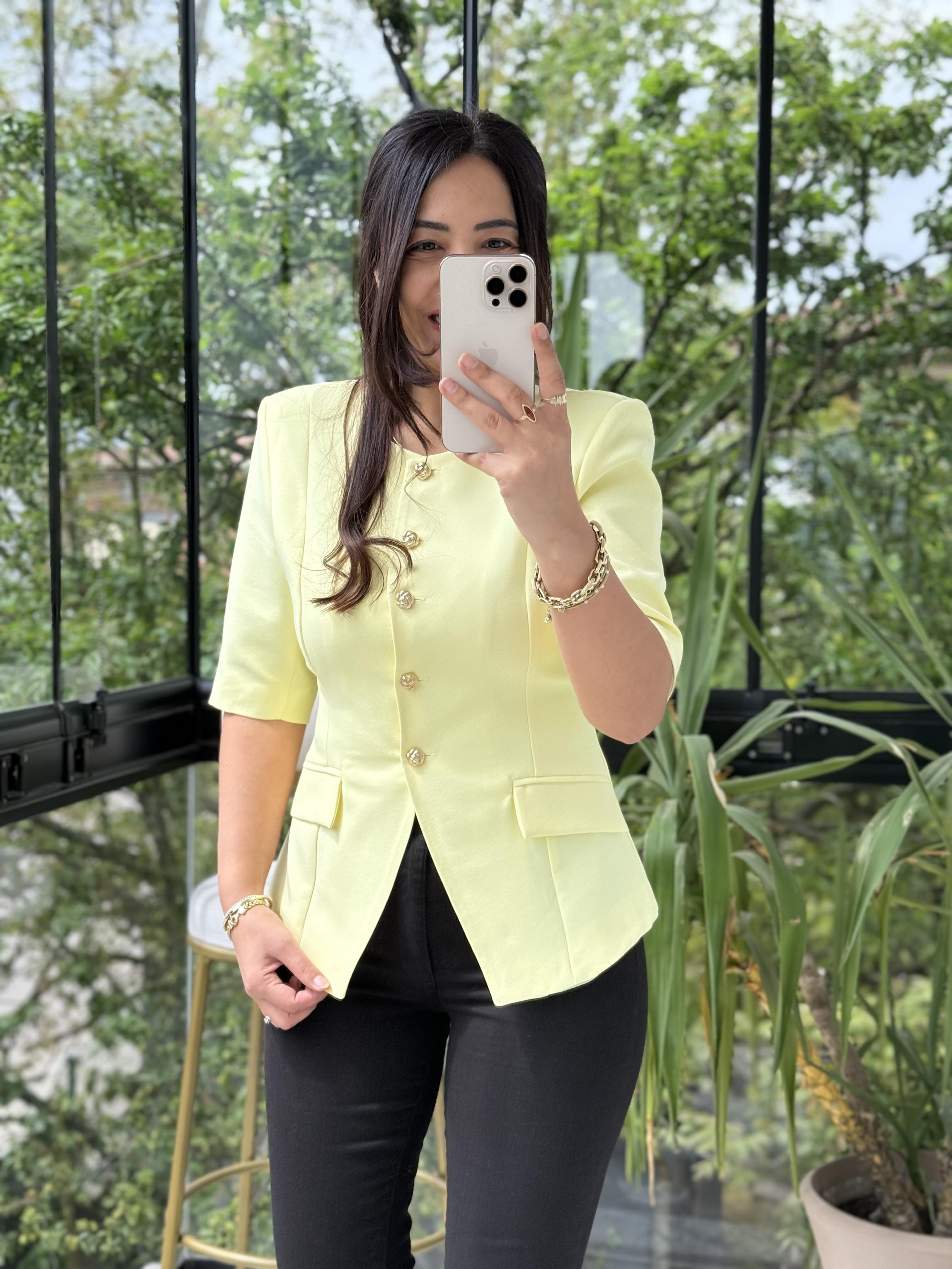 Slimfit Mini Gold Düğme Kısa Kol Blazer Sarı