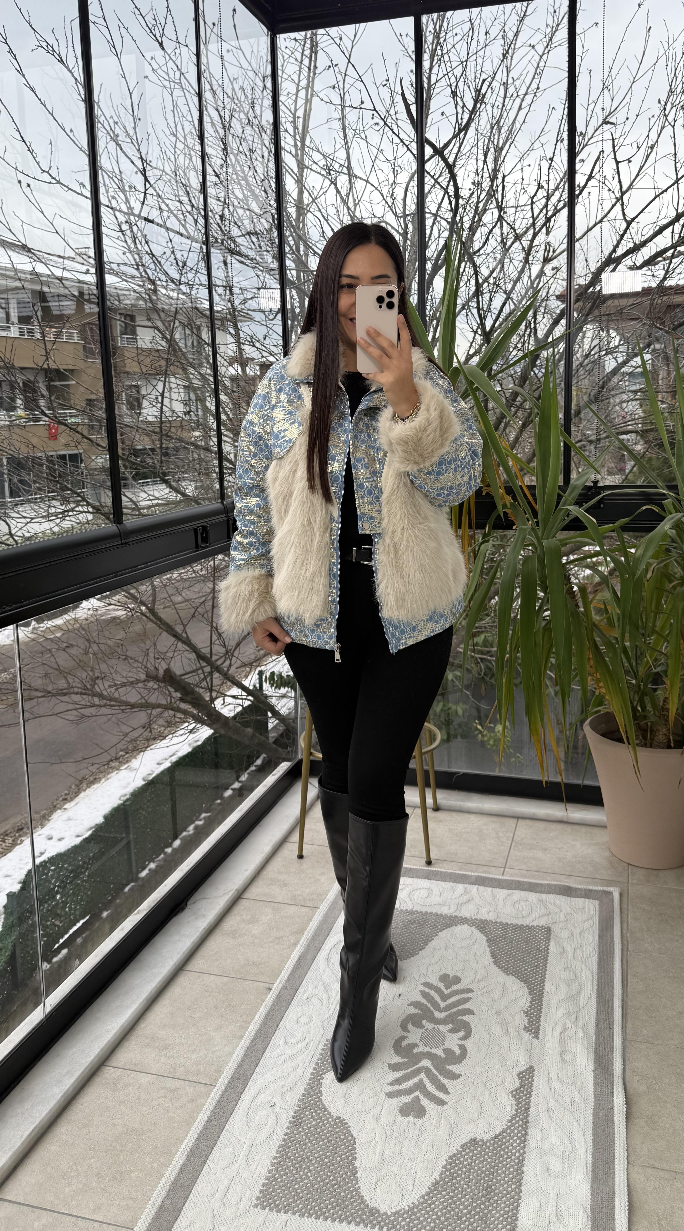 İthal Deri Şeritli Payetli Kürk Bebe Mavi