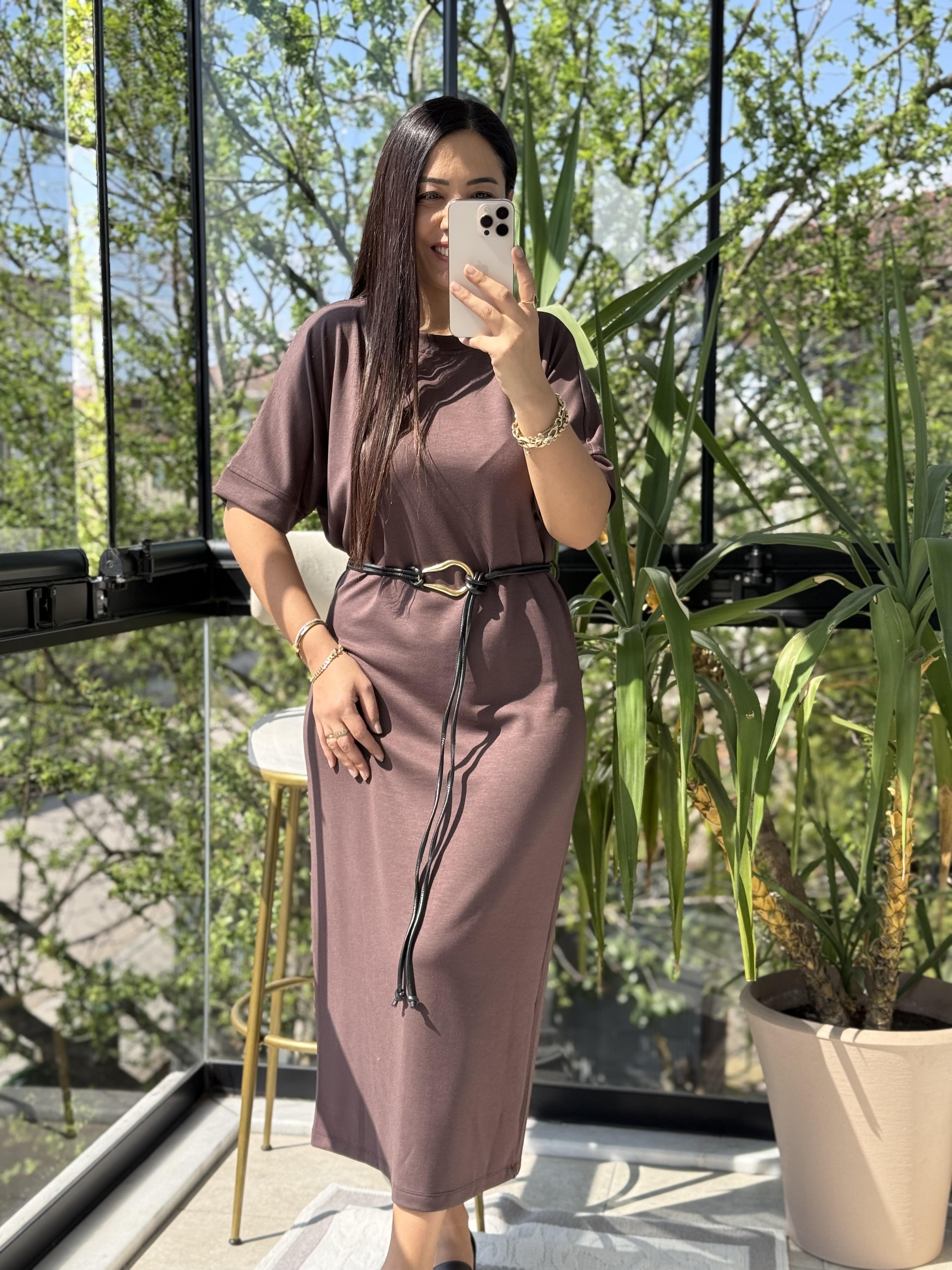 Kemerli Modal Elbise Kahve